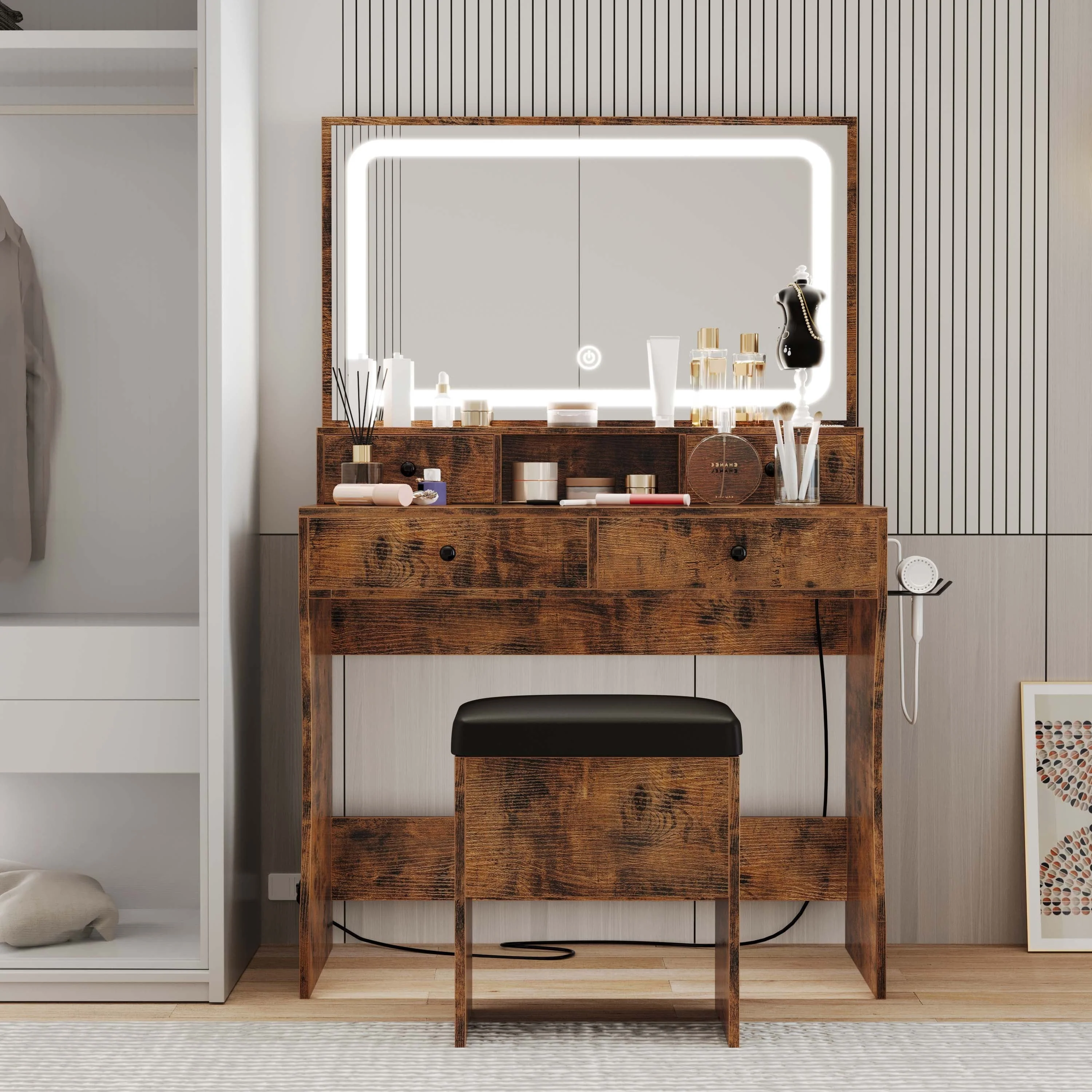 LIKIMIO Vanity Desk with LED  Mirror, Bedroom Makeup Table with 4 Drawers, Storage Stool, White