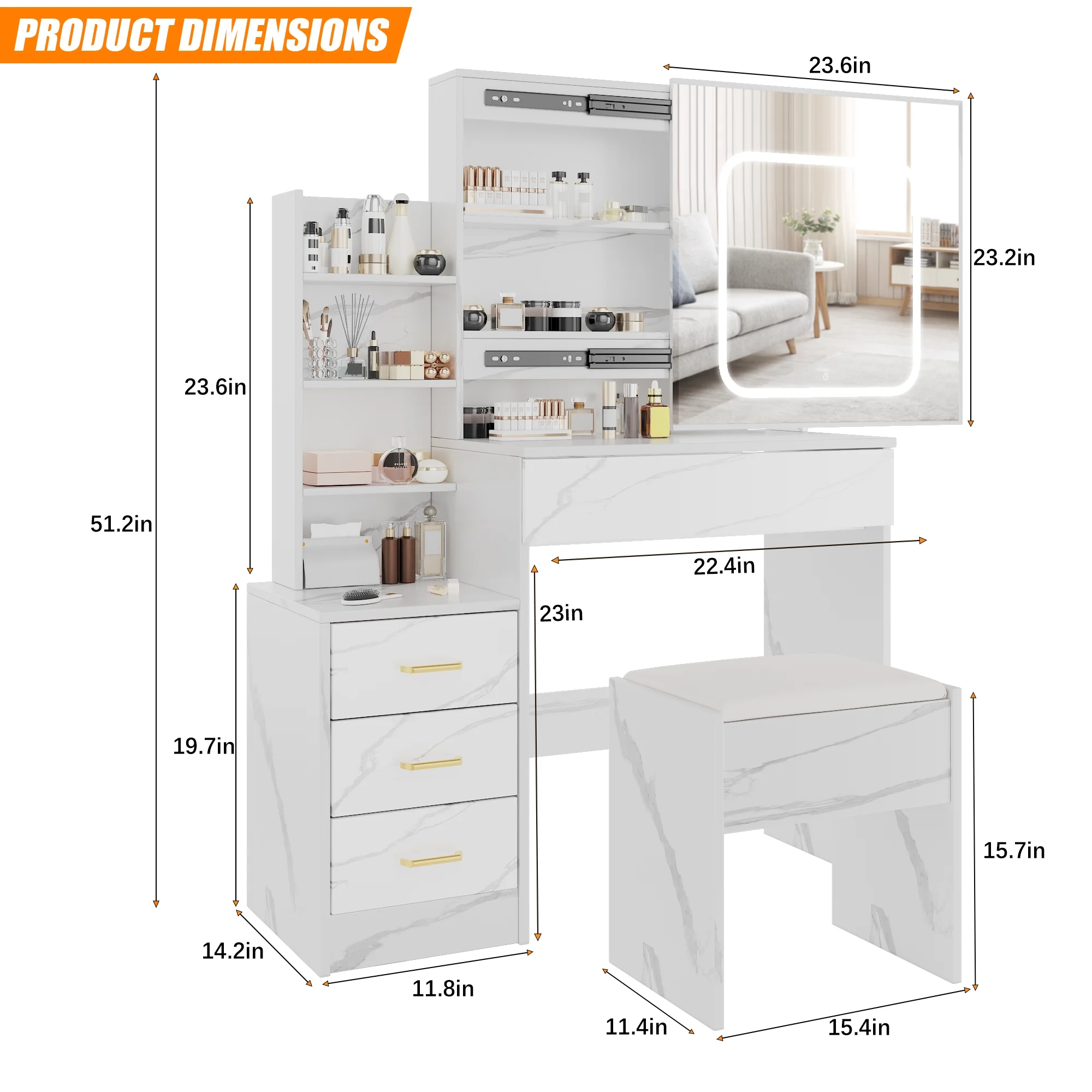 Vanity Desk with Sliding Mirror and Lights, Makeup Vanity Set with 4 Drawers, Stool, Power Outlet, Open Shelves, 3 Color Adjustable Lighting Modes, Makeup Dressing Table for Bedroom, White