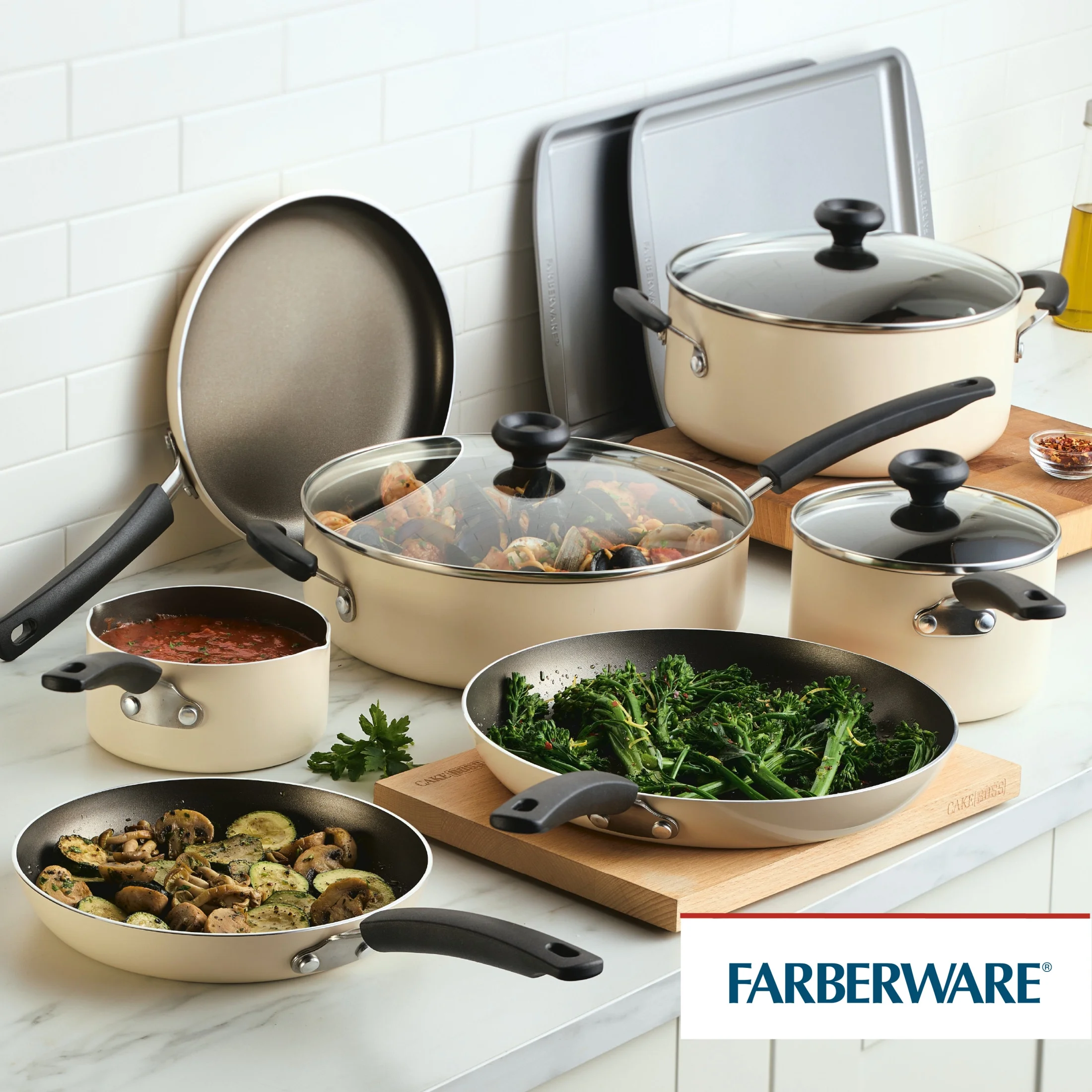 Farberware Easy Clean 22 Pcs Nonstick Cookware Set Includes Griddle Pan and Cooking Tools, Dishwasher Safe, Black