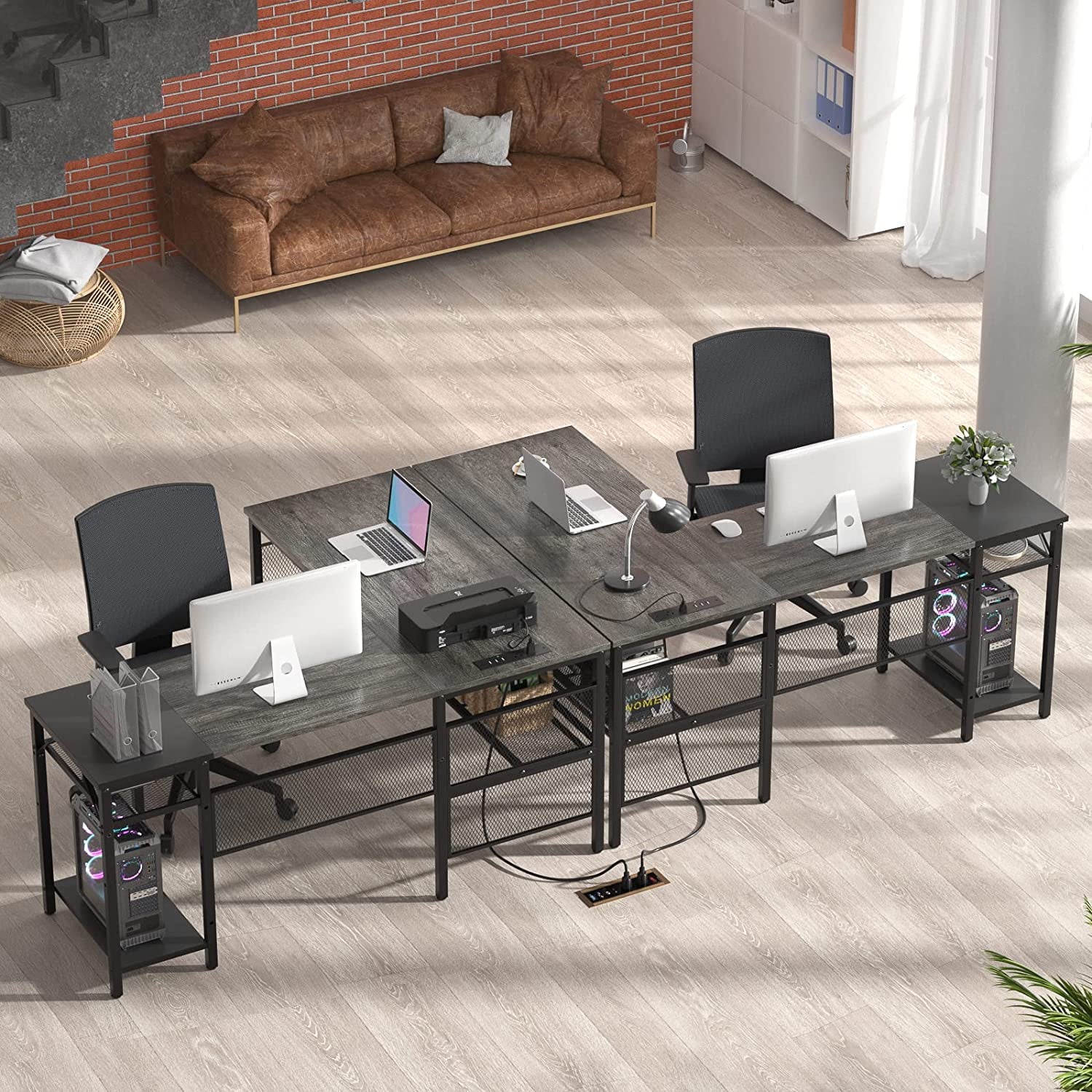 Homieasy L Shaped Desk with Power Outlet and USB Charging Port, Reversible Computer Desk with Storage Shelves, Industrial 2 Person Long Corner Desk Modern Office Desk Writing Desk, Black Oak
