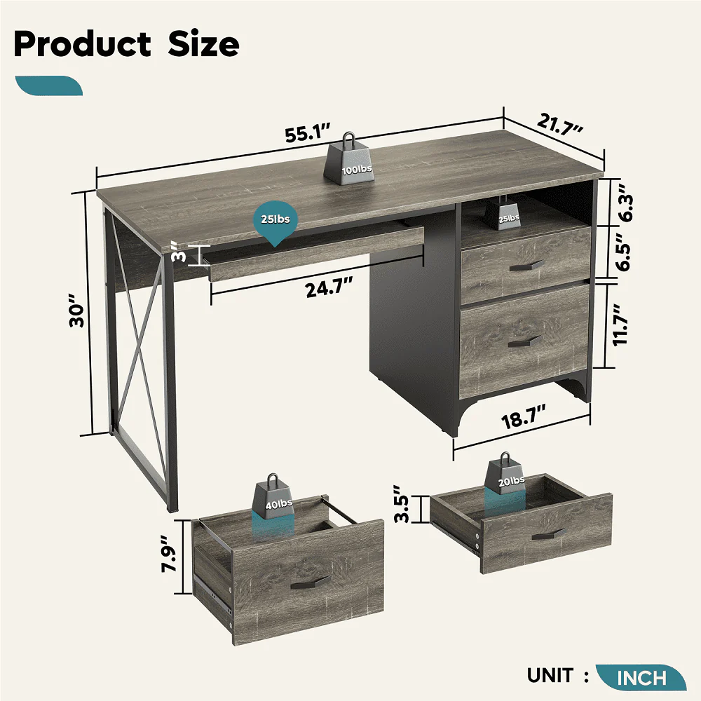 Bestier 55 inch Computer Desk with Storage Drawers & Keyboard Tray & File Drawer Home Office Desk Grey