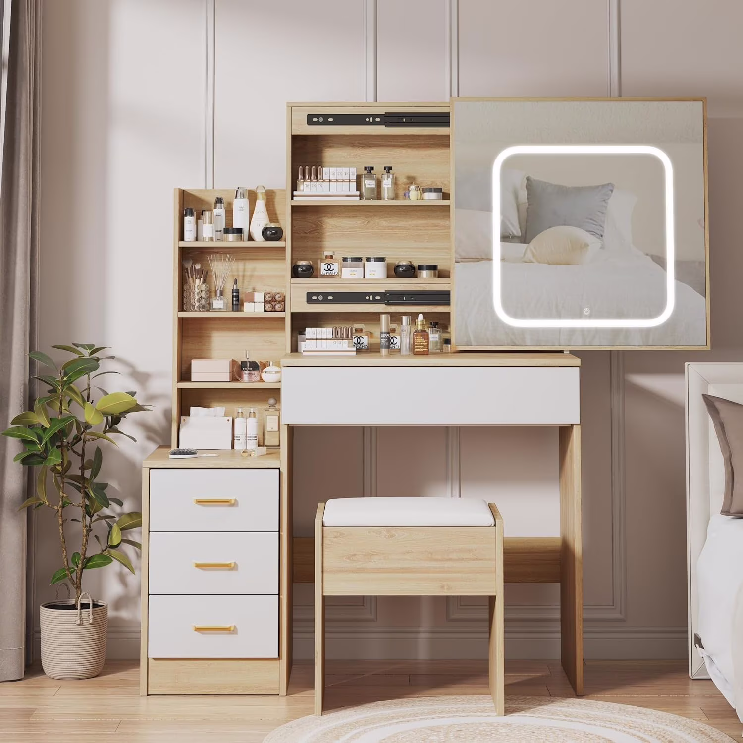 Vanity Desk with Sliding Mirror and Lights, Makeup Vanity Set with Power Outlet, 4 Drawers, Stool, Open Shelves, 3 Color Lighting Modes, Brightness Adjustable, Makeup Dressing Table for Bedroom