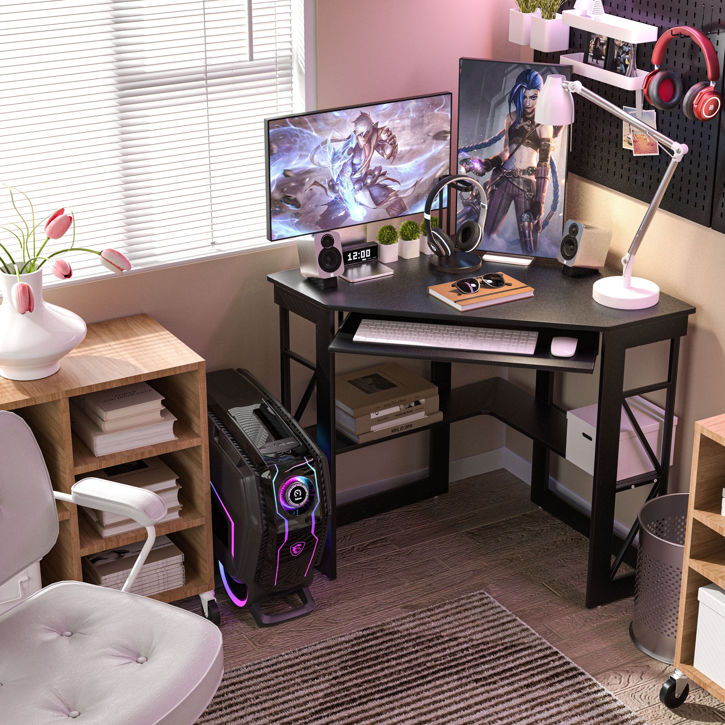 VECELO Corner Computer Desk with Keyboard Tray and Storage Shelf, Student Study Writting Table Workstation for College Dorm Apartment Home Office, Black (90 Degrees)