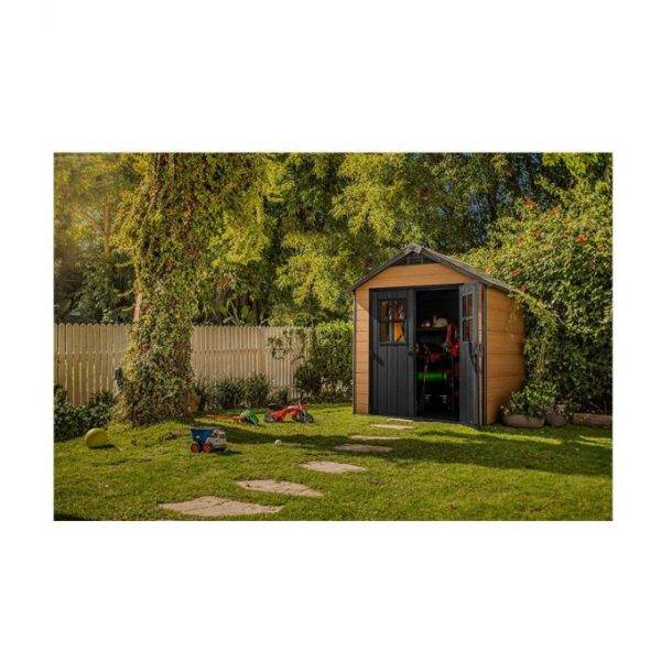 7.5×7 Large Resin Outdoor Storage Shed Kit – Perfect to Store Patio Furniture. Garden Tools. Bike Accessories. and Lawn Mower. Mahogany Brown