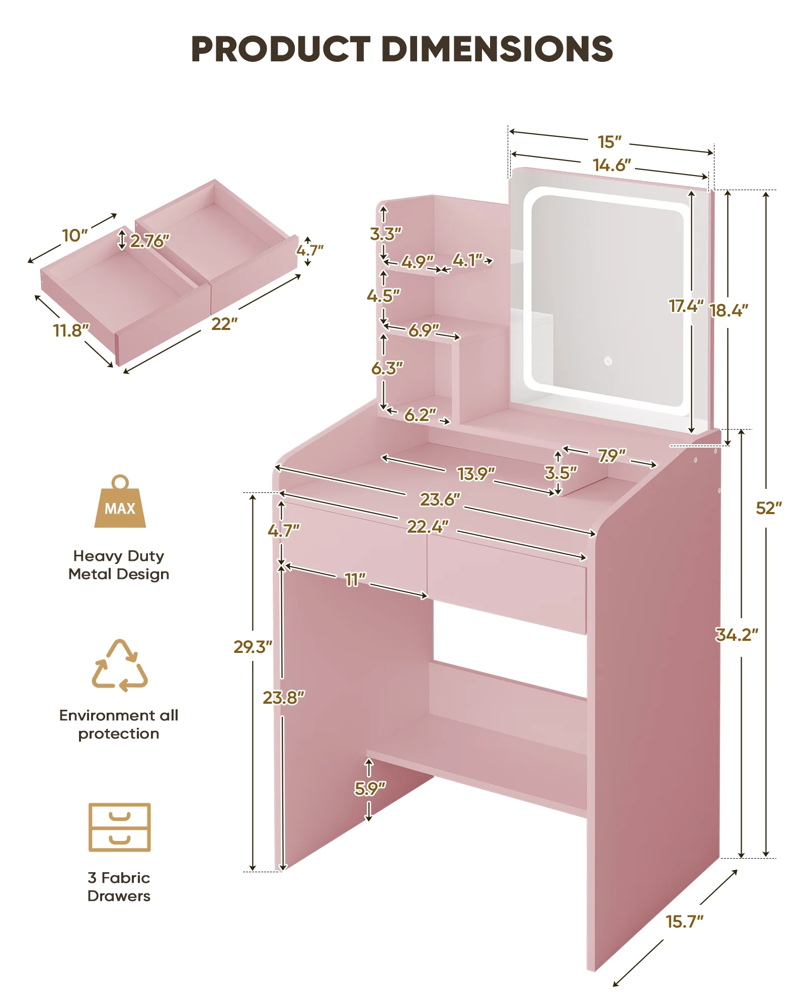 LIVELYGLOW Vanity Desk Set with Square Mirror and Light- Small Vanity Table with Drawers- White