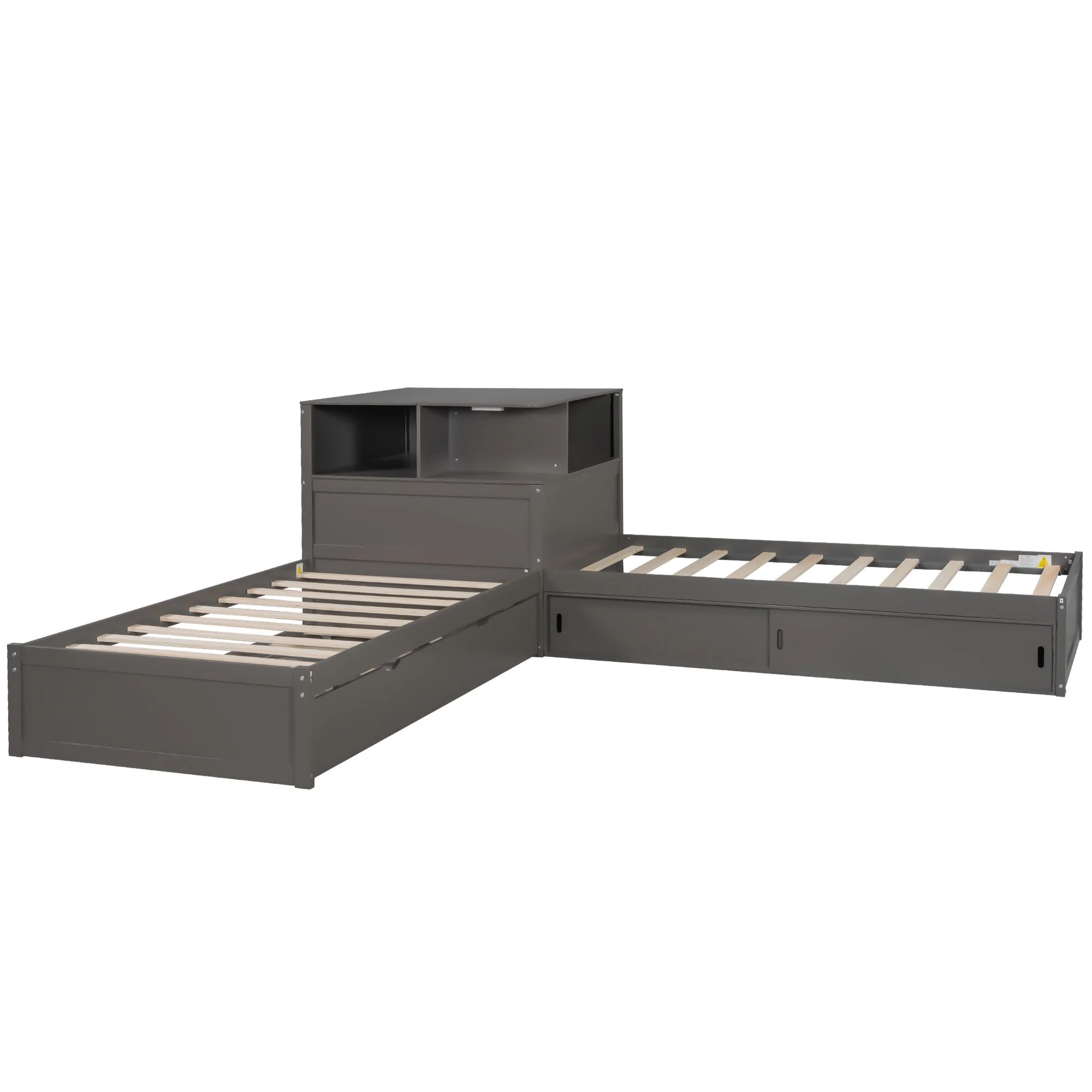 Euroco Pine Wood L-Shaped Twin Platform Bed with Storage Desk, Cabinets, Trundle and LED Light for Kids Teens, Gray
