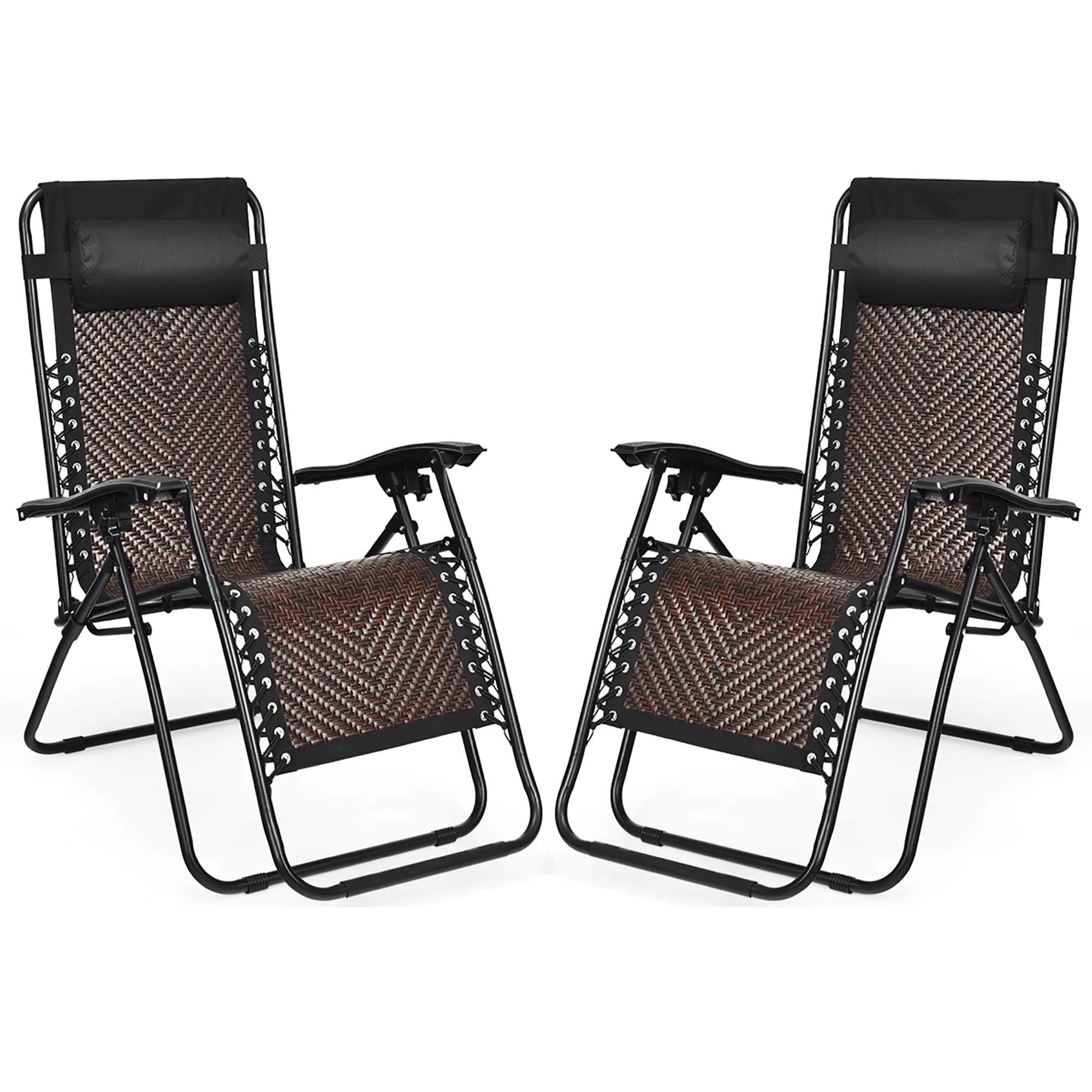 Costway 2PCS Patio Rattan Zero Gravity Lounge Chair Folding Recliner Headrest Brown
