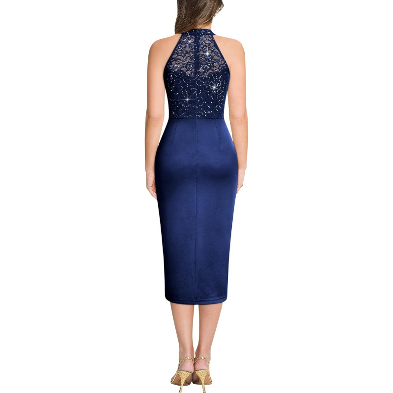Women's Sexy Sleeveless Satin Contrast Sequin Lace Bridesmaid Party Dress