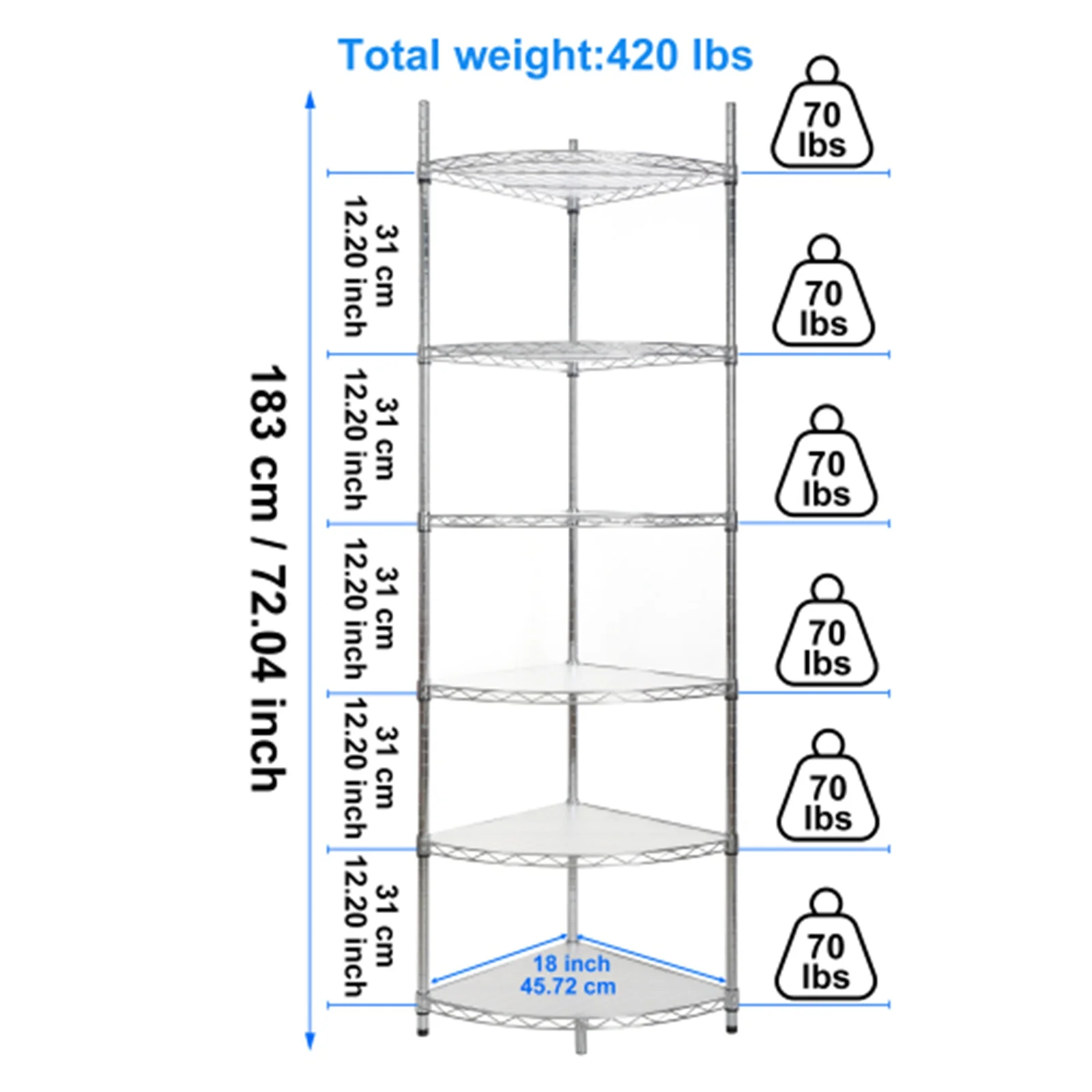6 Tier Corner Storage Shelves, Wire Shelving Unit, Adjustable Metal Heavy Duty Free Standing Corner Storage Display Chrome Rack for Laundry Bathroom Kitchen Pantry Closet, Chrome