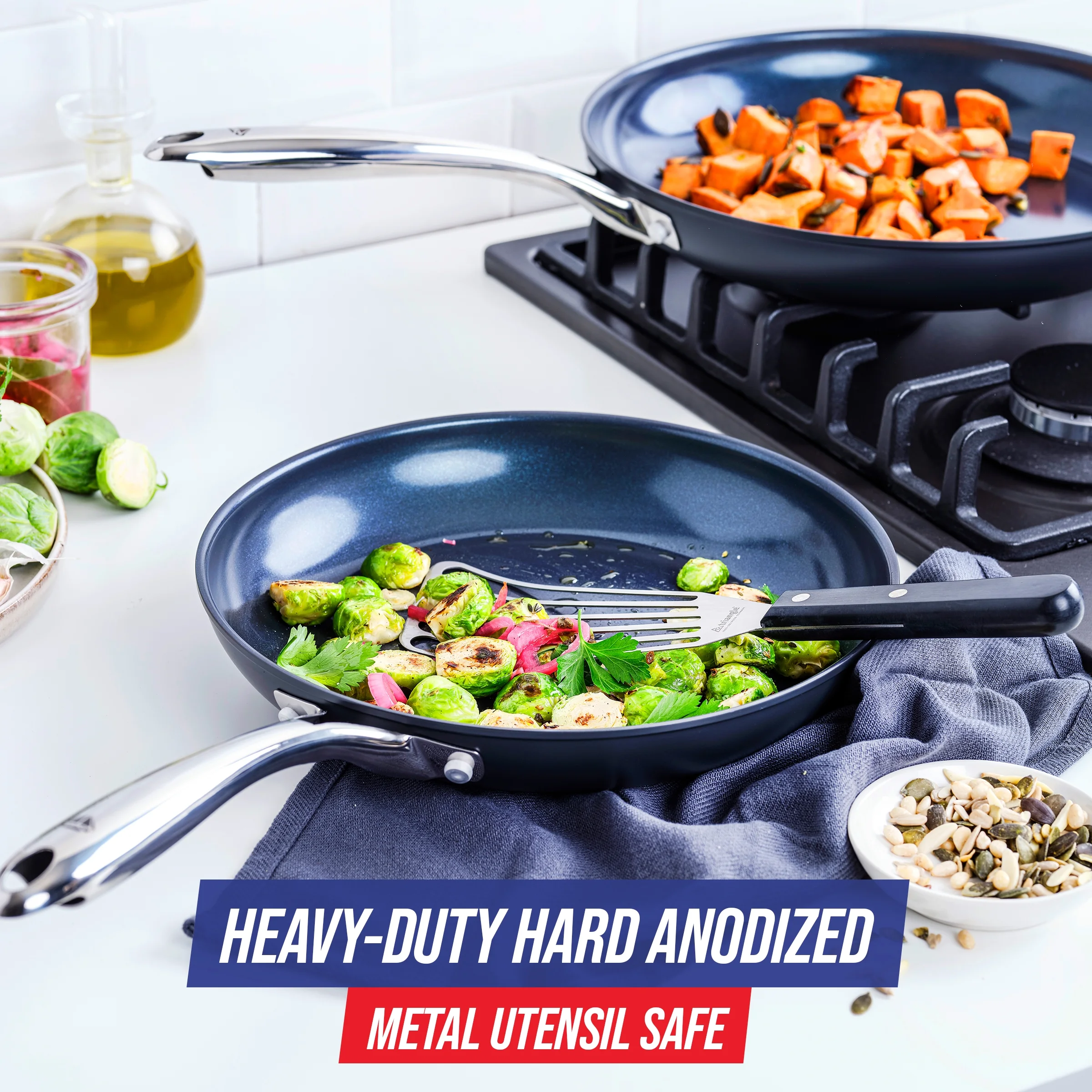 Blue Diamond Hard Anodized Toxin-Free Ceramic, Metal Utensil Safe Frying Pan Set, 10