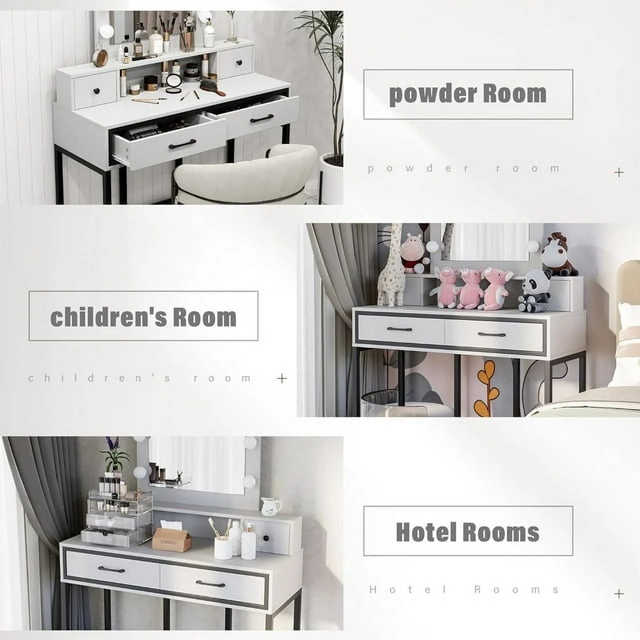 Heynemo Makeup Vanity with 3 Color Dimmable Lighted Hollywood Mirror, Vanity Table with 4 Drawers for Women Girls, Dressing Desk for Bedroom, Beauty Room, Brown