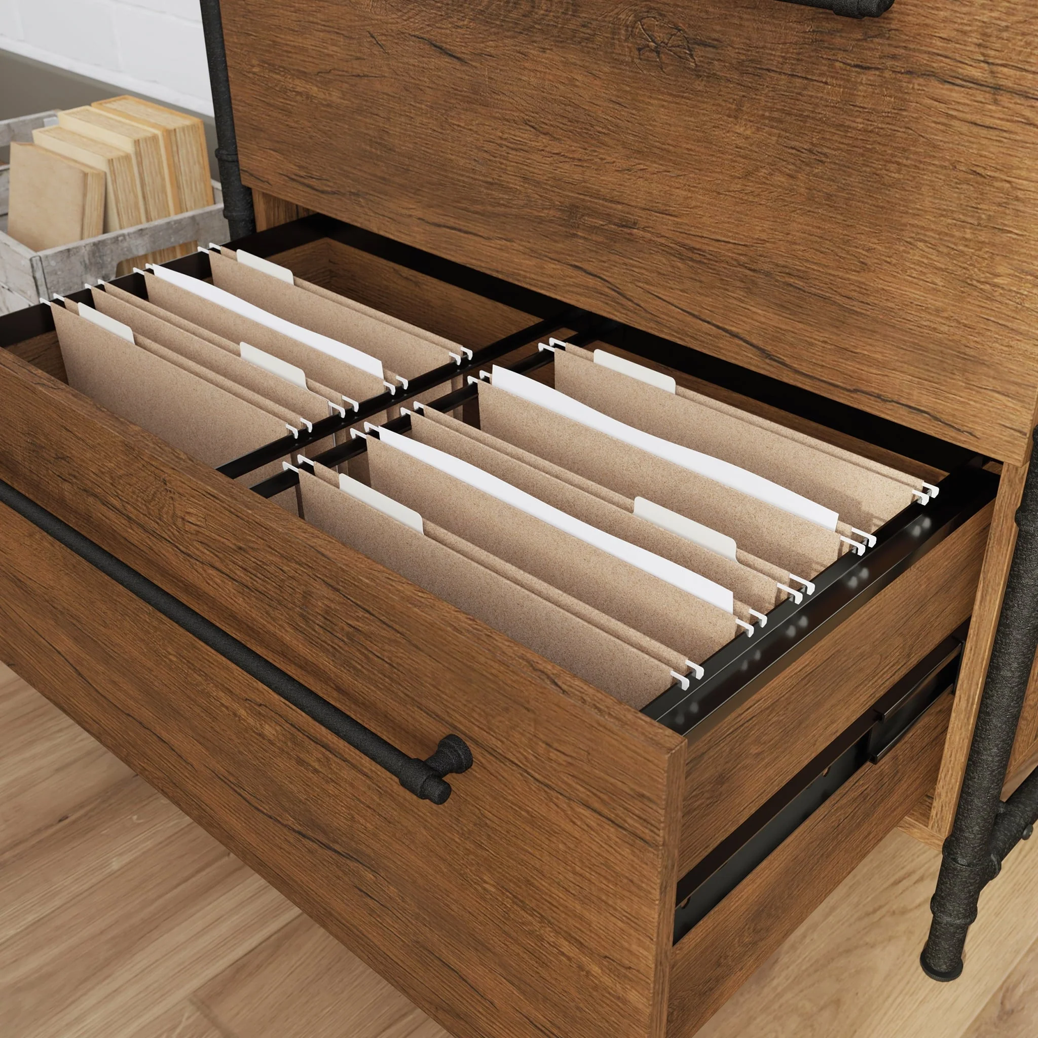 Sauder Iron City Industrial Interlocking 2 Drawer Lateral File Cabinet, Checked Oak Finish