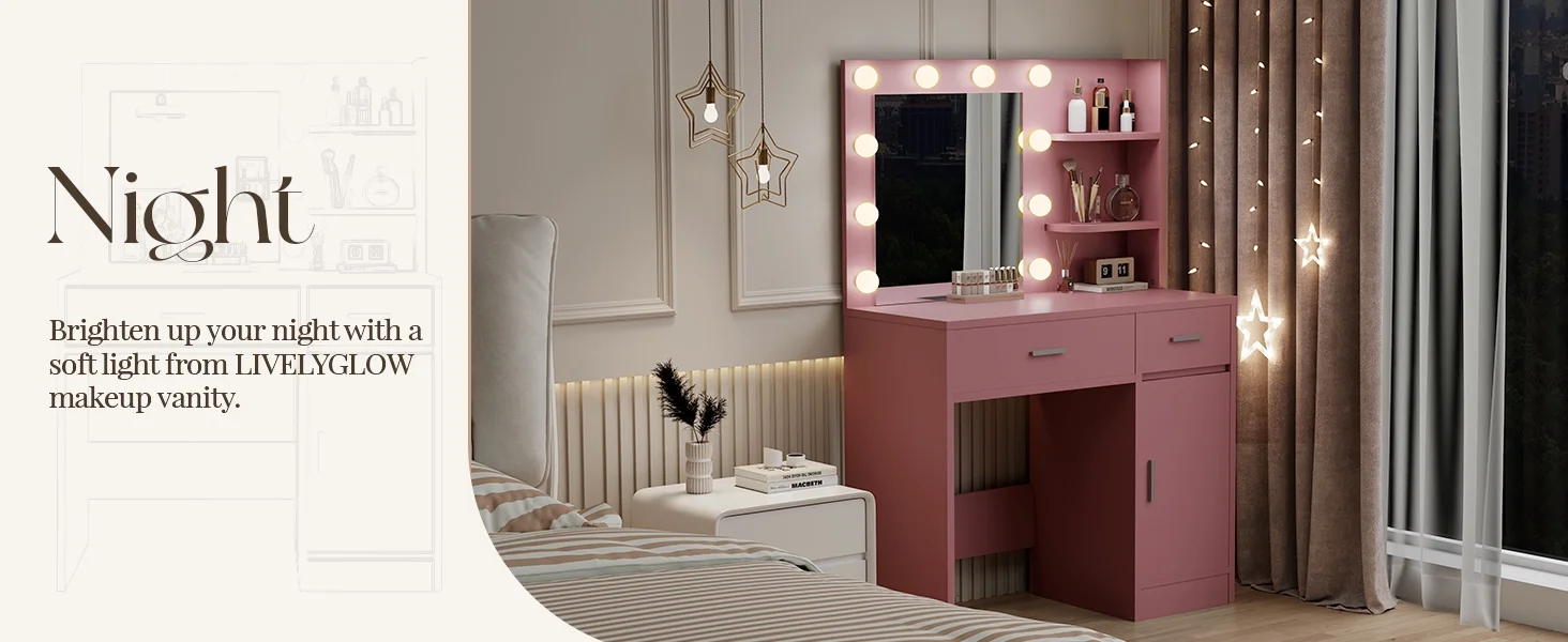 LIVELYGLOW Vanity Desk with Mirror and Lights, Makeup Vanity with Drawer & Storage Shelves, Cabinet, 3 Lighting Modes Adjustable Brightness,White