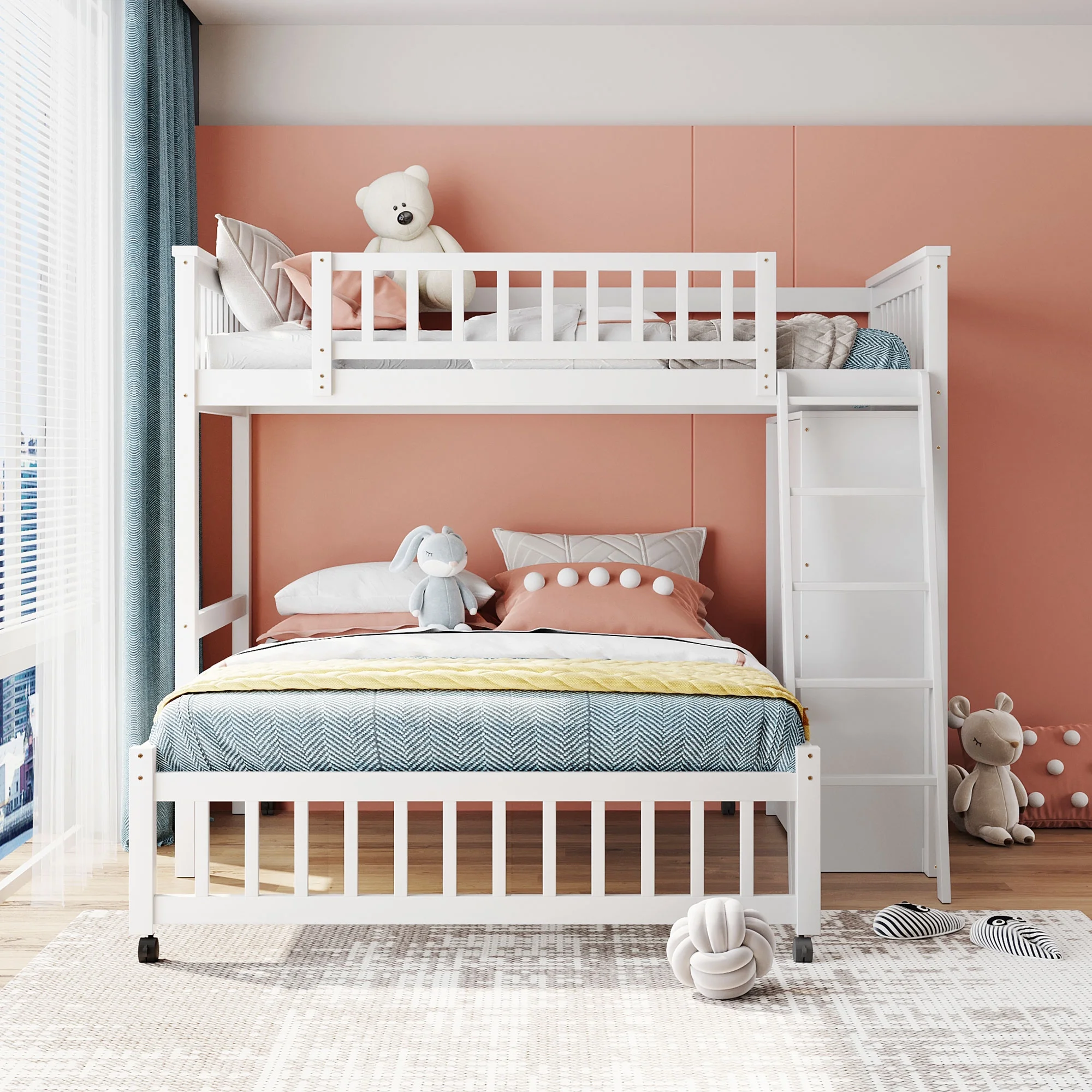 Harper & Bright Designs Full Over Twin Bunk Bed with Desk, Drawers and Shelves, L-Shaped Bunkbeds with Storage Staircase for Adults Bedroom, White
