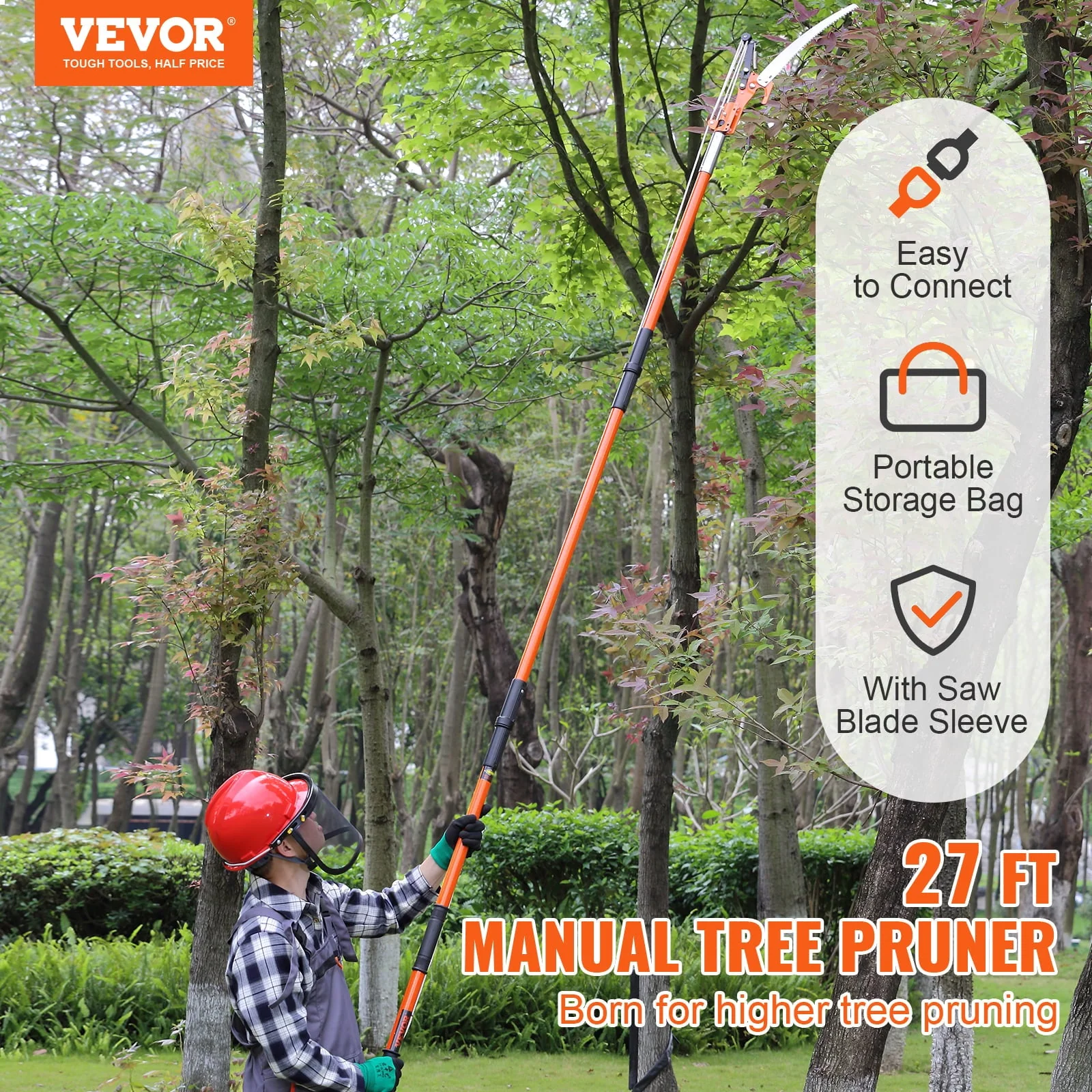 BENTISM Manual Pole Saw Extendable Tree Pruner 7.3-27 ft Fiberglass Pole Scissors