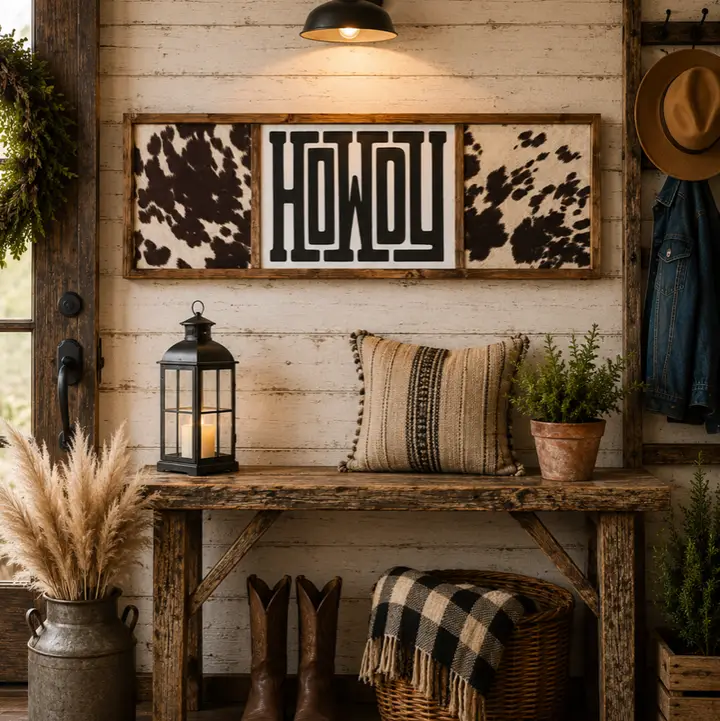 Cowboy Welcome :  Howdy Cowhide Framed Sign 41.5