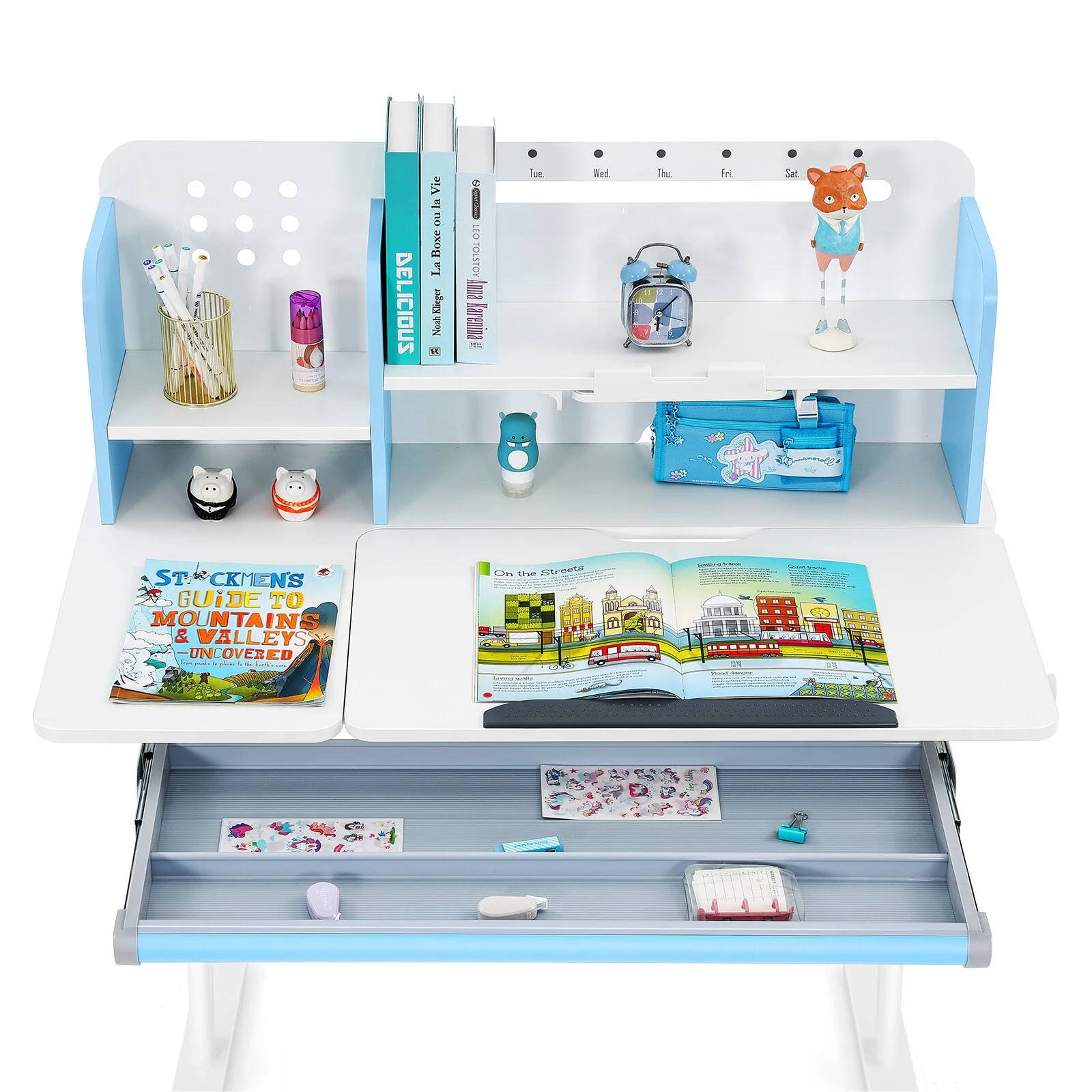 Adjustable Height Ergonomic Kids Study Desk & Chair Set Children Students Drafting Table Home School with Shelf,Drawer(Gray)