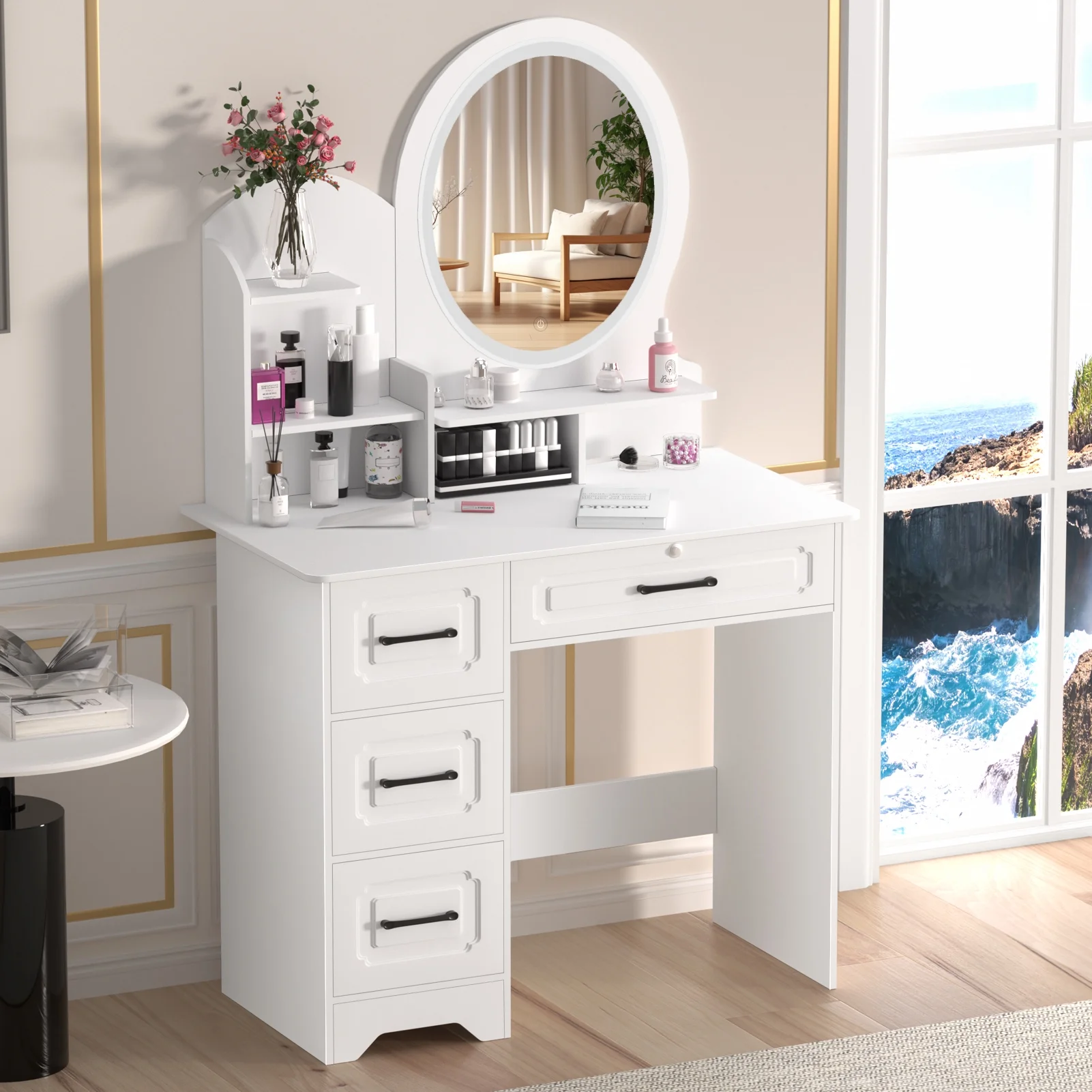 Anvazise Makeup Desk with Mirror, Large Vanity Desk with Storage Shelves, 4 Drawers, Makeup Vanity Table with Light, Bedroom Dressing Table
