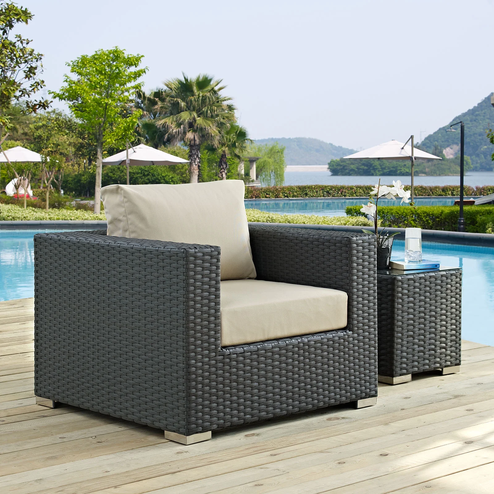 Modern Contemporary Urban Design Outdoor Patio Balcony Lounge Chair, Beige, Rattan