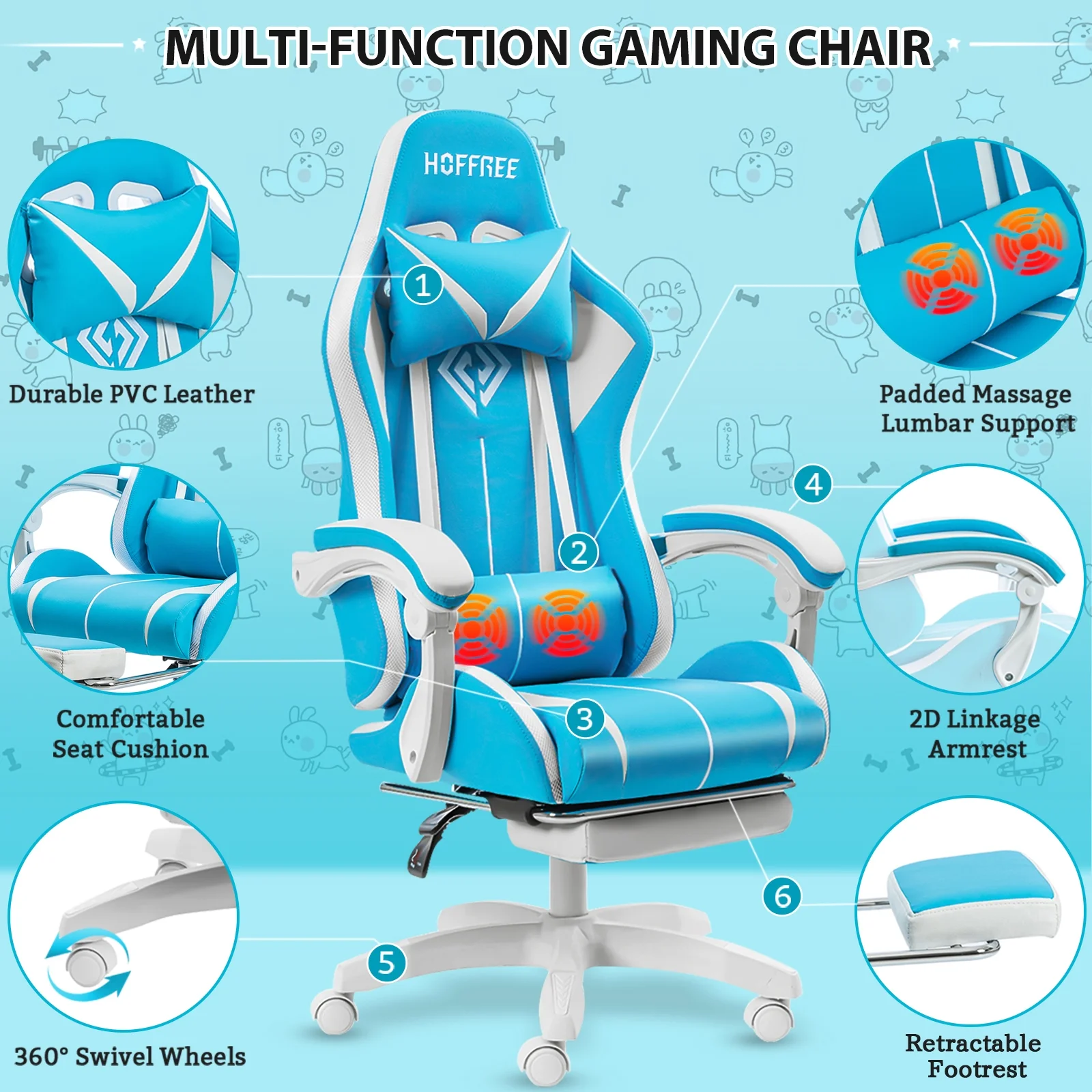 Hoffree Gaming Chair with Massage PU Leather Office Chair with Footrest and LED Light Ergonomic Gamer Chair Lumbar Support Adjustable Headrest High Back Computer Desk Chair for Home Office