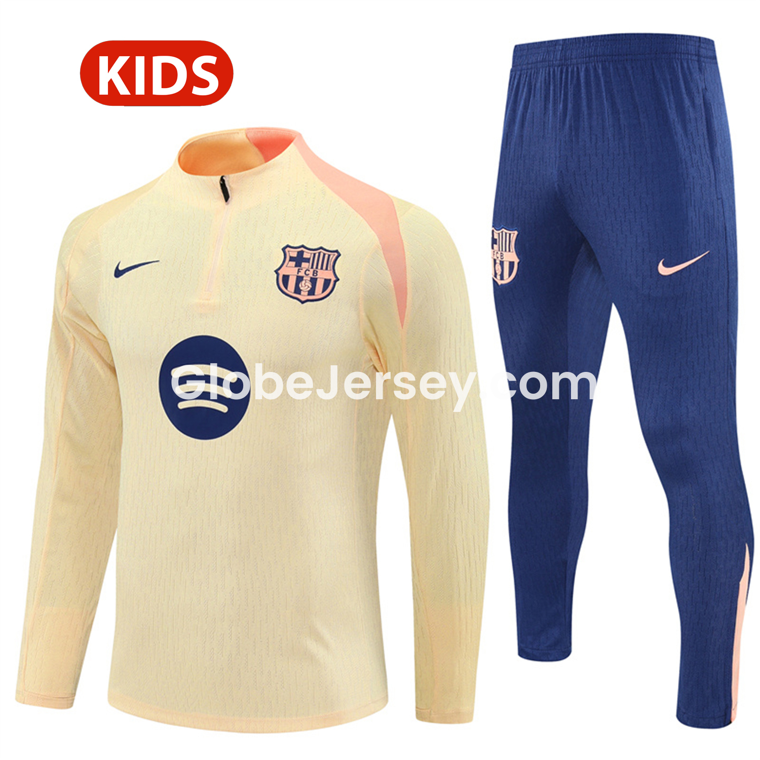 Barcelona 25-26 Kids Long Sleeve Training Set - Player Version - Light Yellow Top and Blue Pants