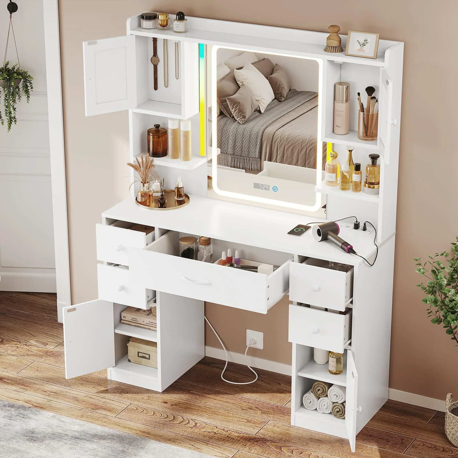 Afuhokles Large Vanity Desk with Lighted Mirror, 5 Drawers Makeup Vanity with Charging Station and Smart Mirror, White
