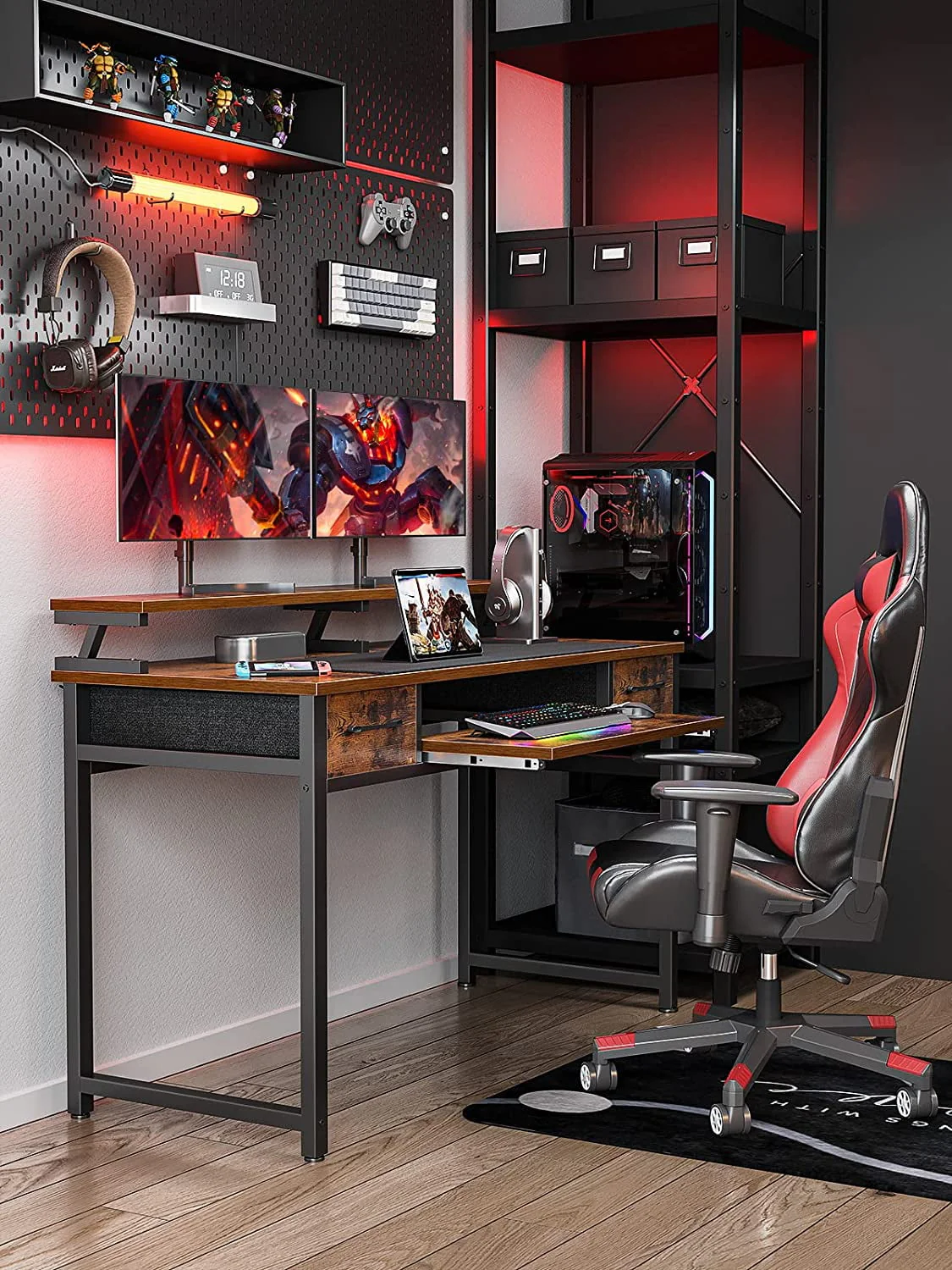 48 inch Computer Desk with Keyboard Tray, Modern Home Office Desk with Shelf & Drawers, Study Desk for Student, Rustic Brown