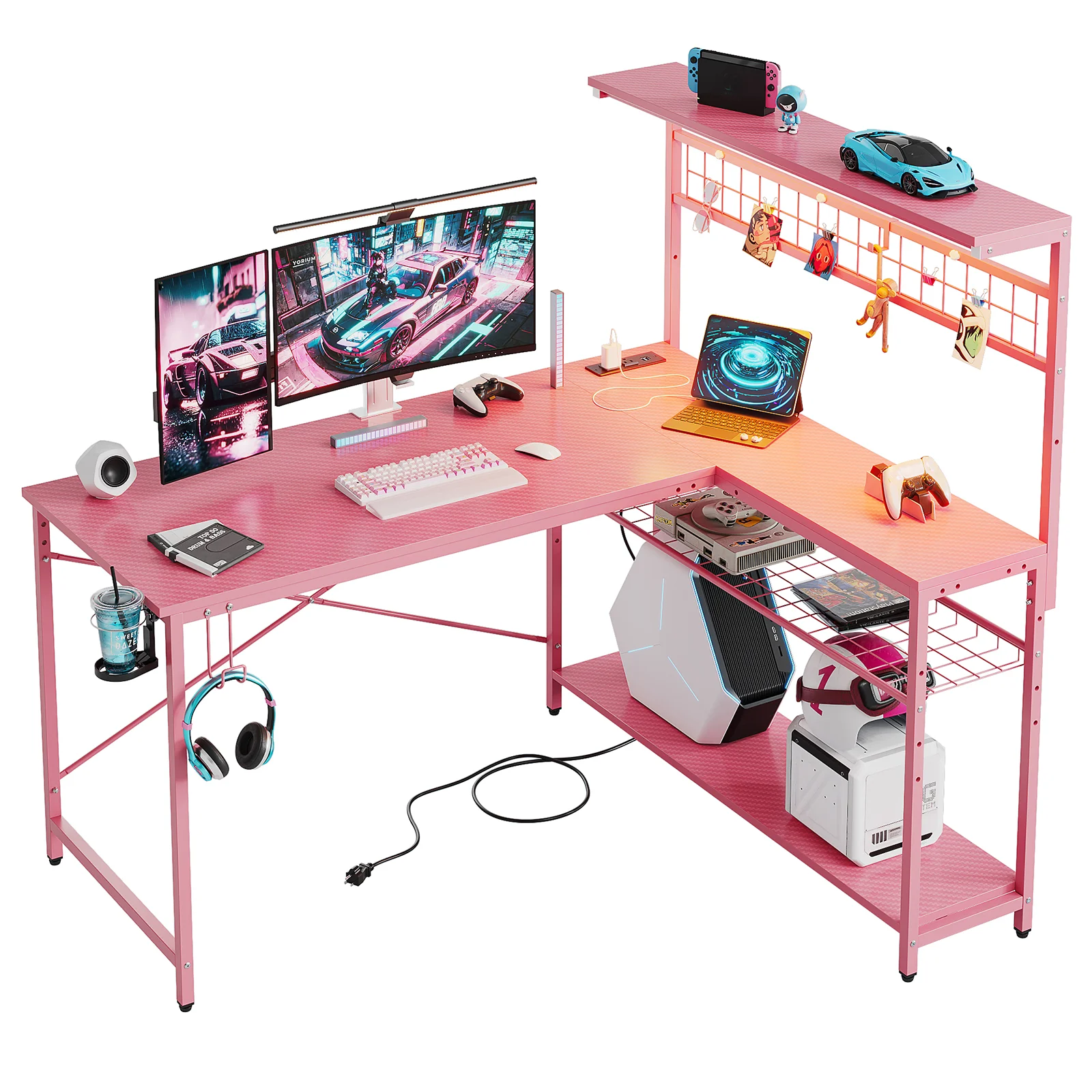Bestier 51 L Shaped Gaming Desk with Power Outlets & LED Light, Computer Desk with 4 Tiers Shelves for Home Office, Reversible Gamer Table with Hooks and Cup Holder, Carbon Fiber