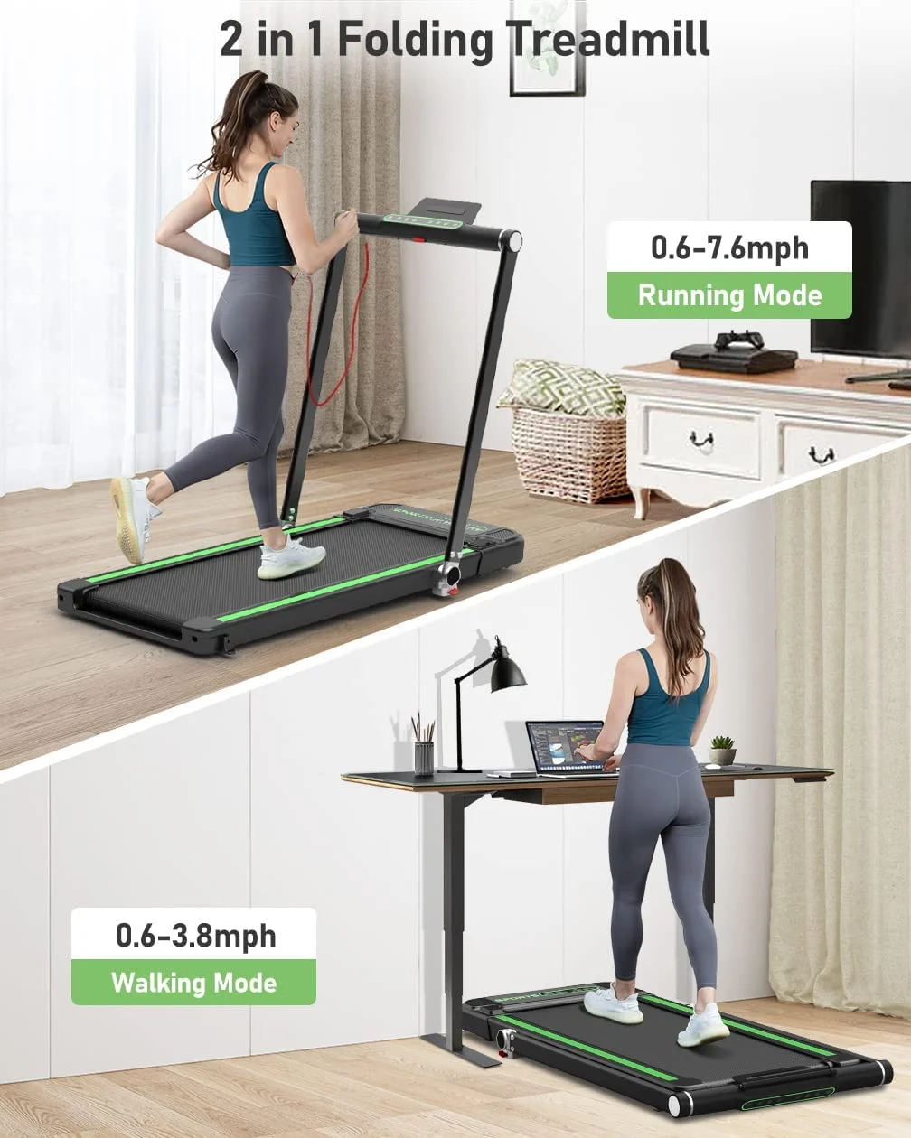 Delfy 2 in 1 Under Desk Treadmill, Folding Treadmill 2.5HP with Remote Control, 0.6-7.6 mph, LED Display, Phone/Tablet Holder, Electric Walking Running Machine for Home Office, No Assembly Needed