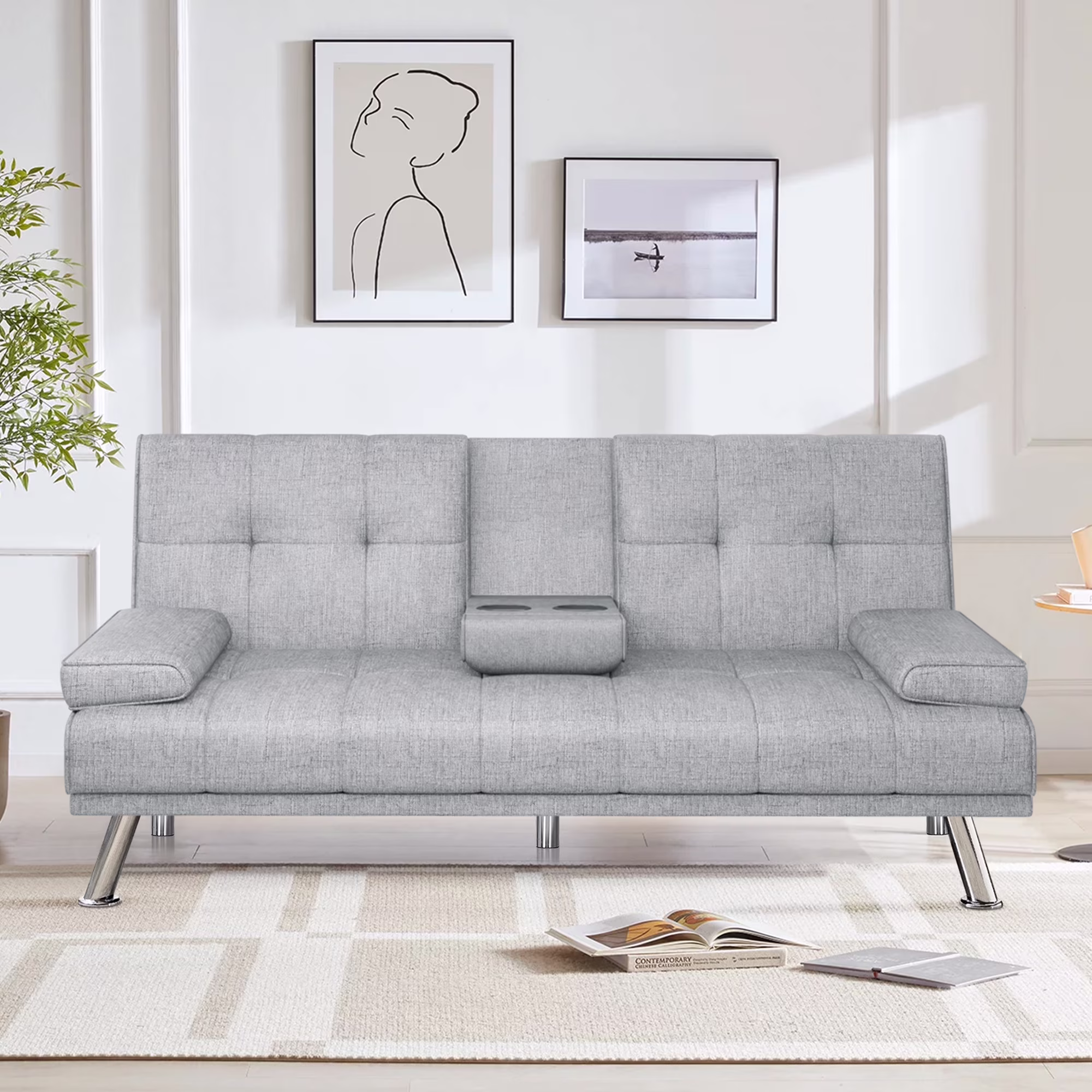 BEABA Futon Sofa Bed Modern PU Faux Convertible Couches with Cup Holder and Pillows Folding Furniture Upholstery