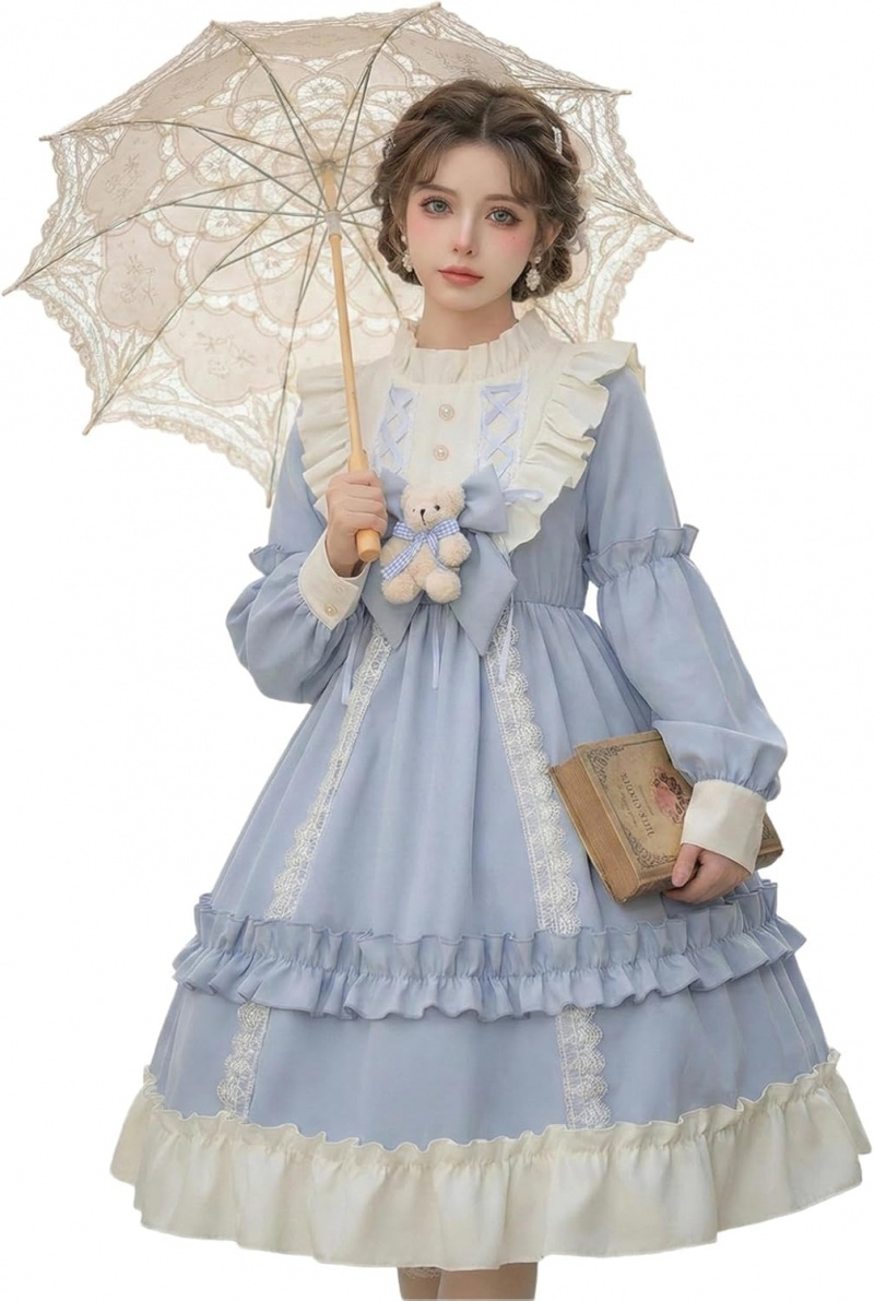 Teens Lolita Princess Dress Kawaii Long Sleeve Chiffon Skirt Petite Dress