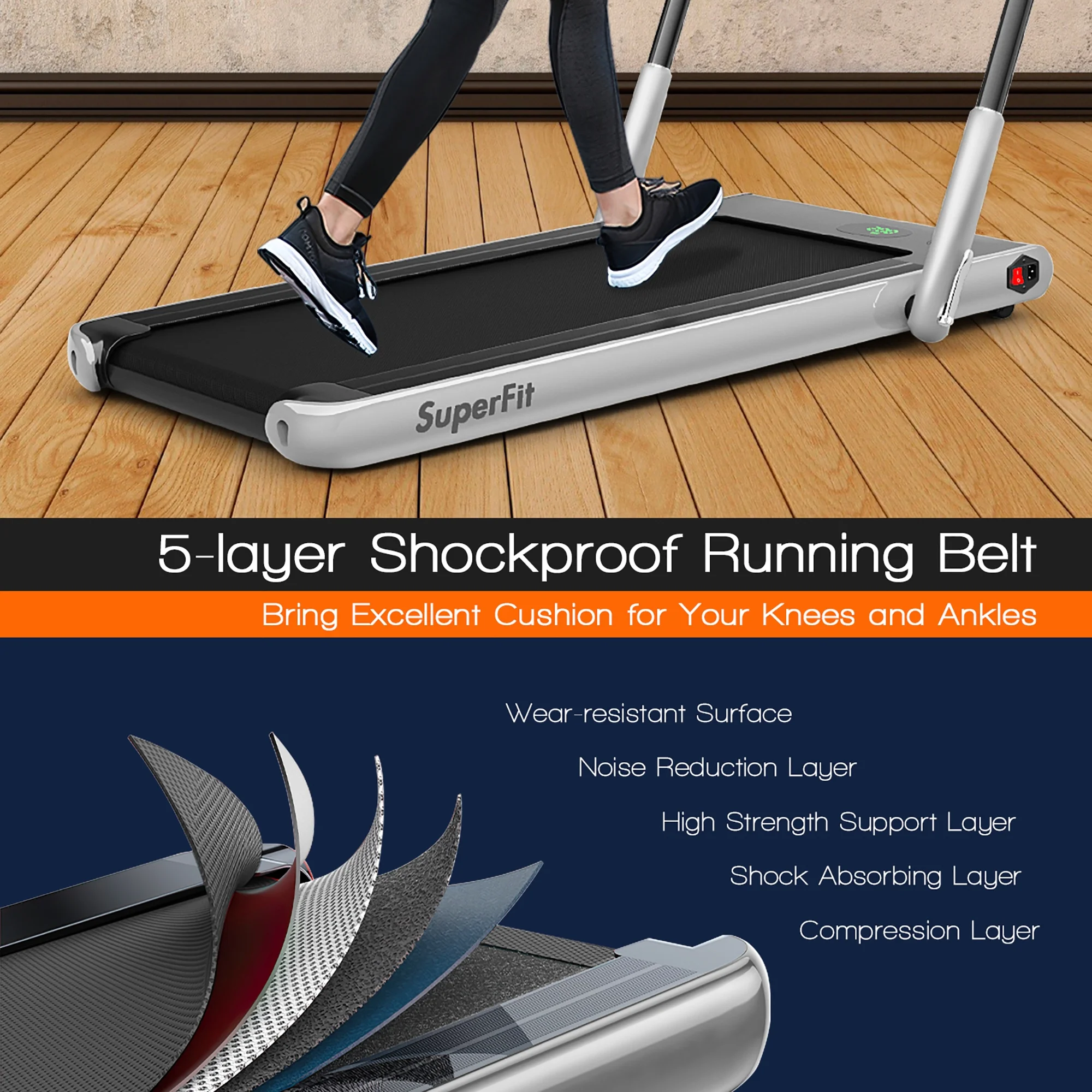 SuperFit Up To 7.5MPH 2.25HP 2-in-1 Folding Under Desk Treadmill W/Speaker Controller APP, Single Display Screen Silver