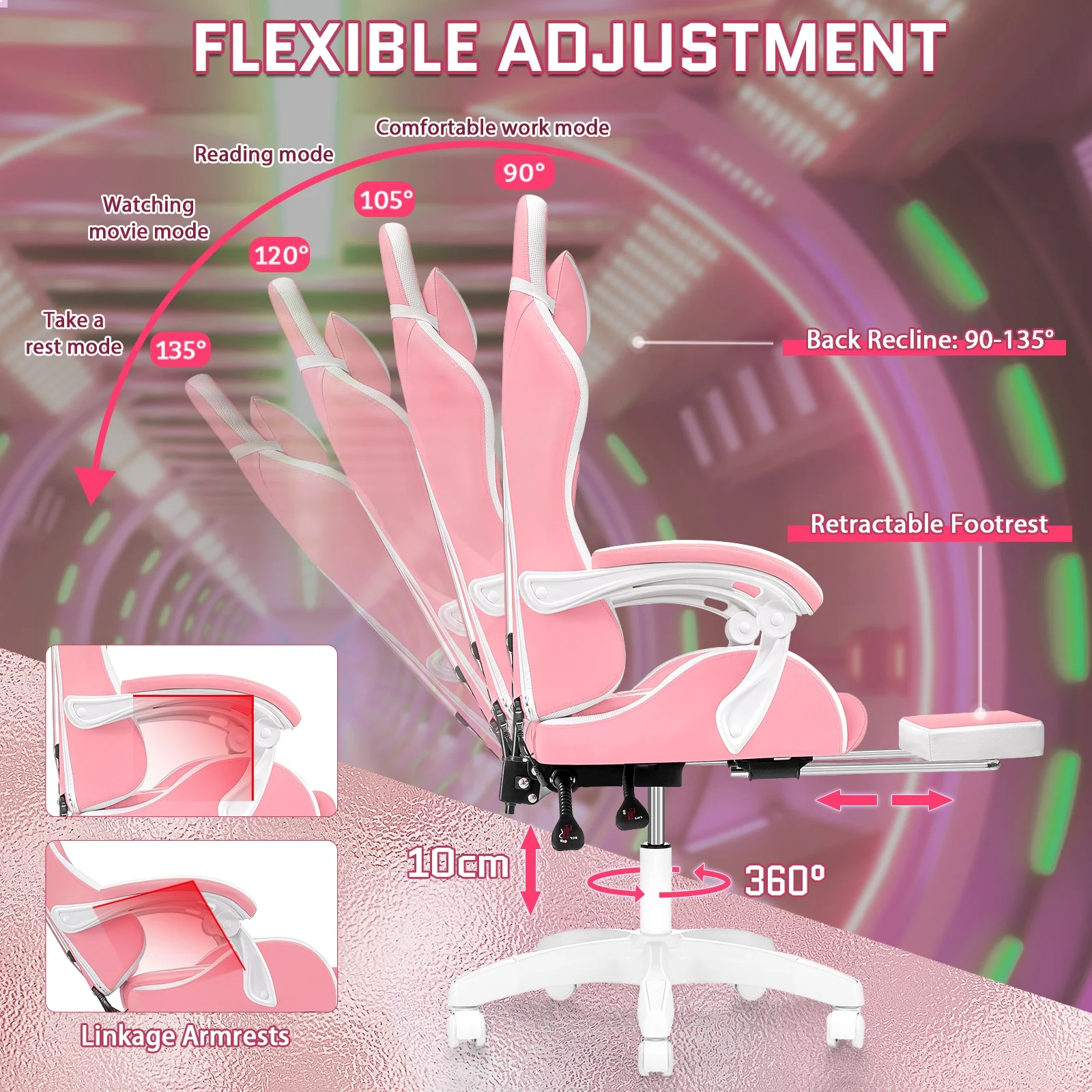 Hoffree Gaming Chair with Massage PU Leather Office Chair with Footrest and LED Light Ergonomic Gamer Chair Lumbar Support Adjustable Headrest High Back Computer Desk Chair for Home Office