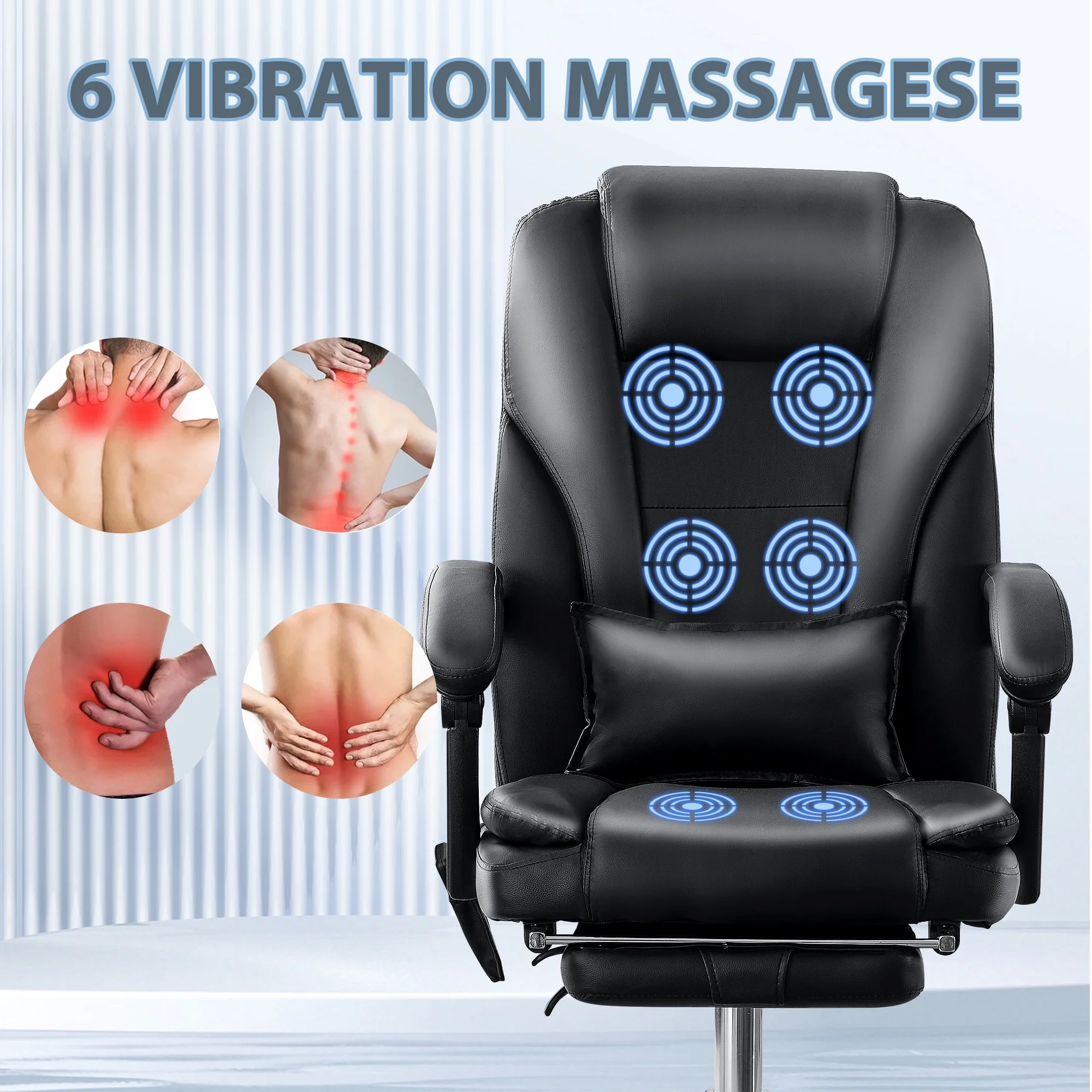 JONPONY Big and Tall Office Chair 500LBS Executive Office Chair Massage and Footrest Ergonomic Computer Desk Chair Reclining High Back Leather Office Chair Lumbar Back Support Swivel Rolling,Black
