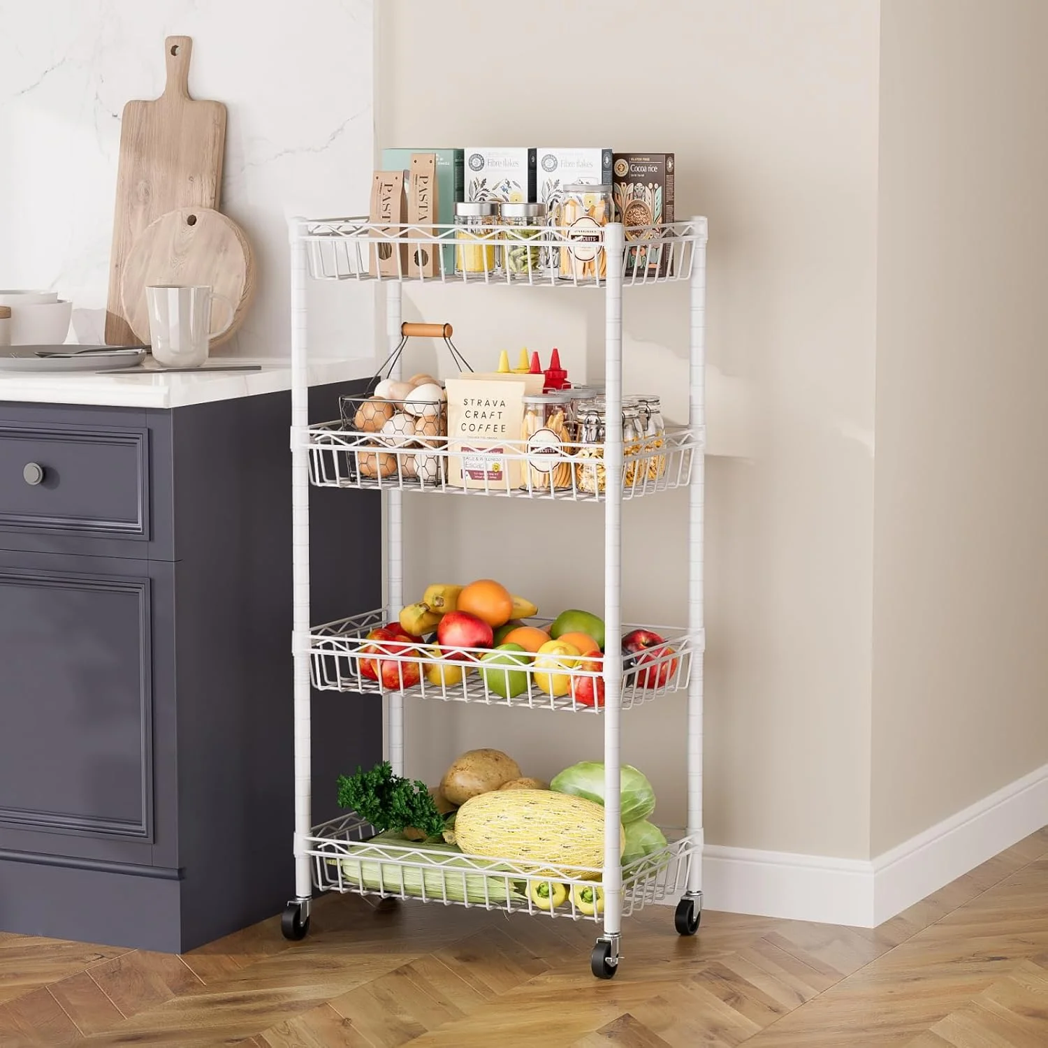 6 Tier Wire Shelving Unit with Wheels Baskets Storage Rack Corner Shelves Adjustable Shelf Closet Bathroom Organizers Metal Pantry Kitchen Garage Laundry Room 13.5