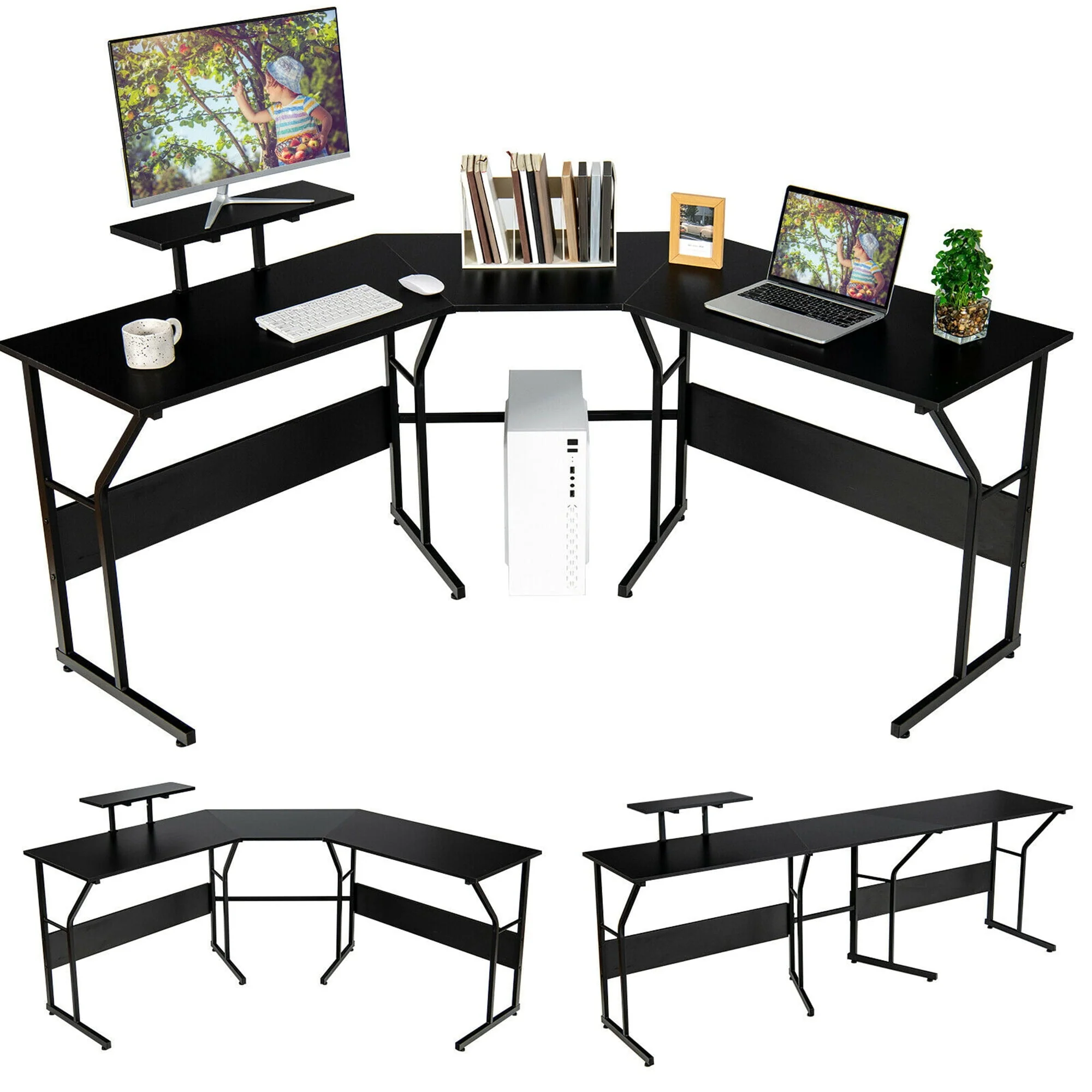 Gymax 88.5'' L Shaped Reversible Computer Desk 2 Person Long Table Monitor Stand Black