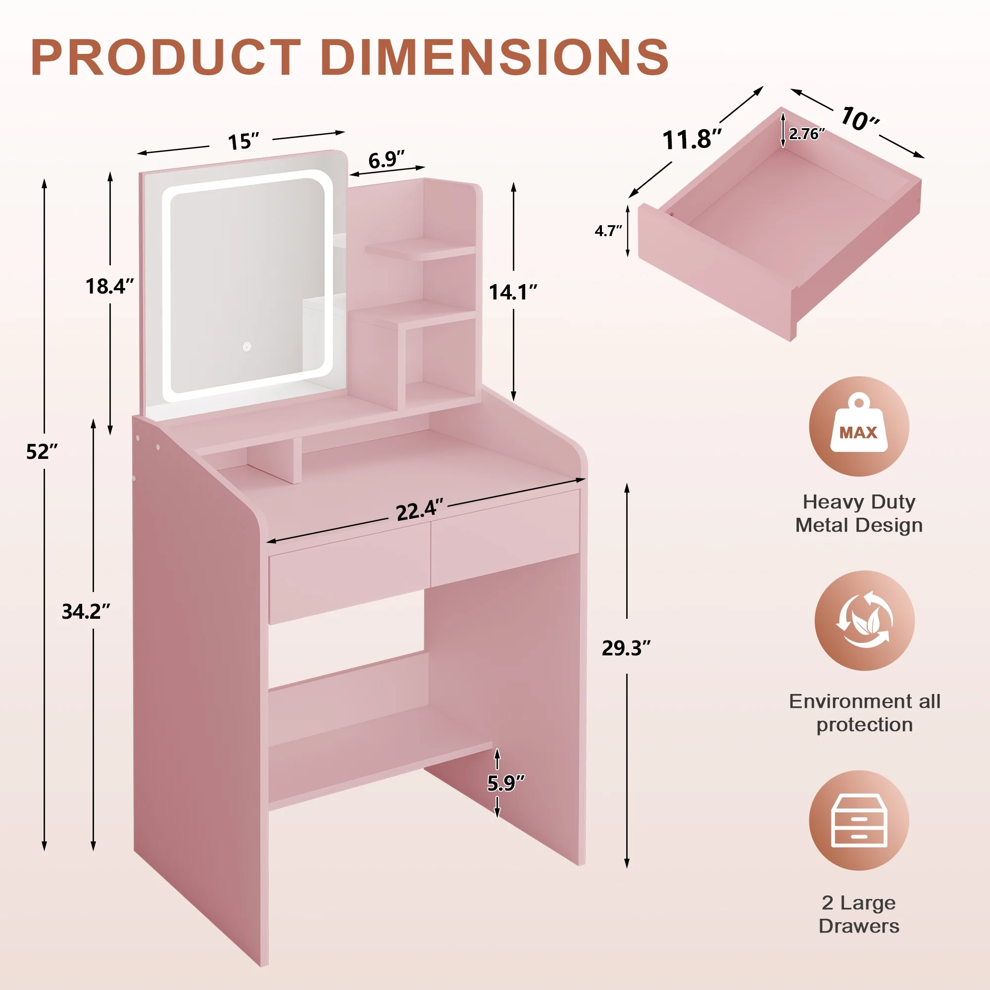 LIVELYGLOW Vanity Desk Set with Square Mirror and Light- Small Vanity Table with Drawers- White