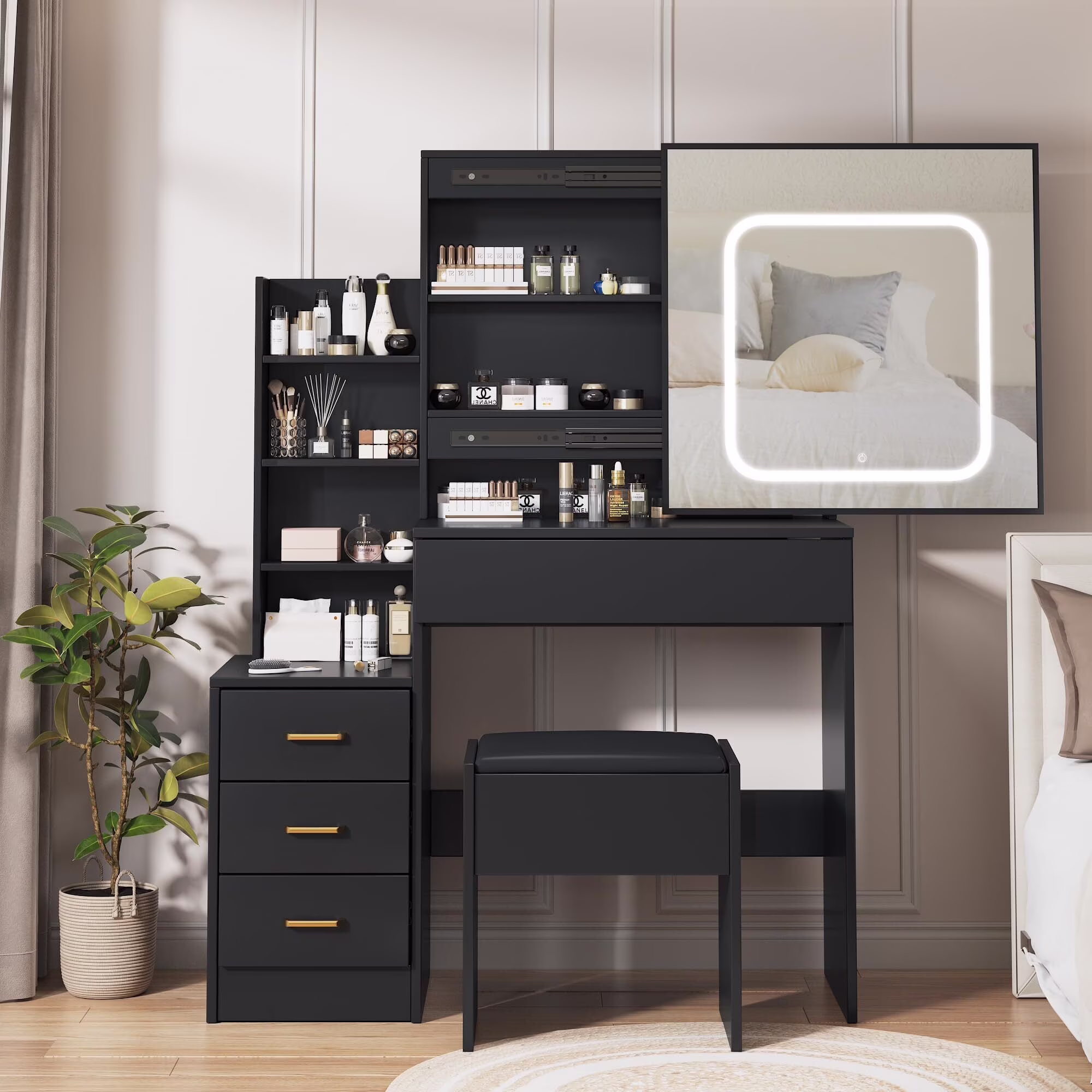 Vanity Desk with Sliding Mirror & Lights, Makeup Vanity Set with Charging Station 4 Drawers 7 Shelves, Large Vanity Set with Cushioned Stool for Bedroom, White