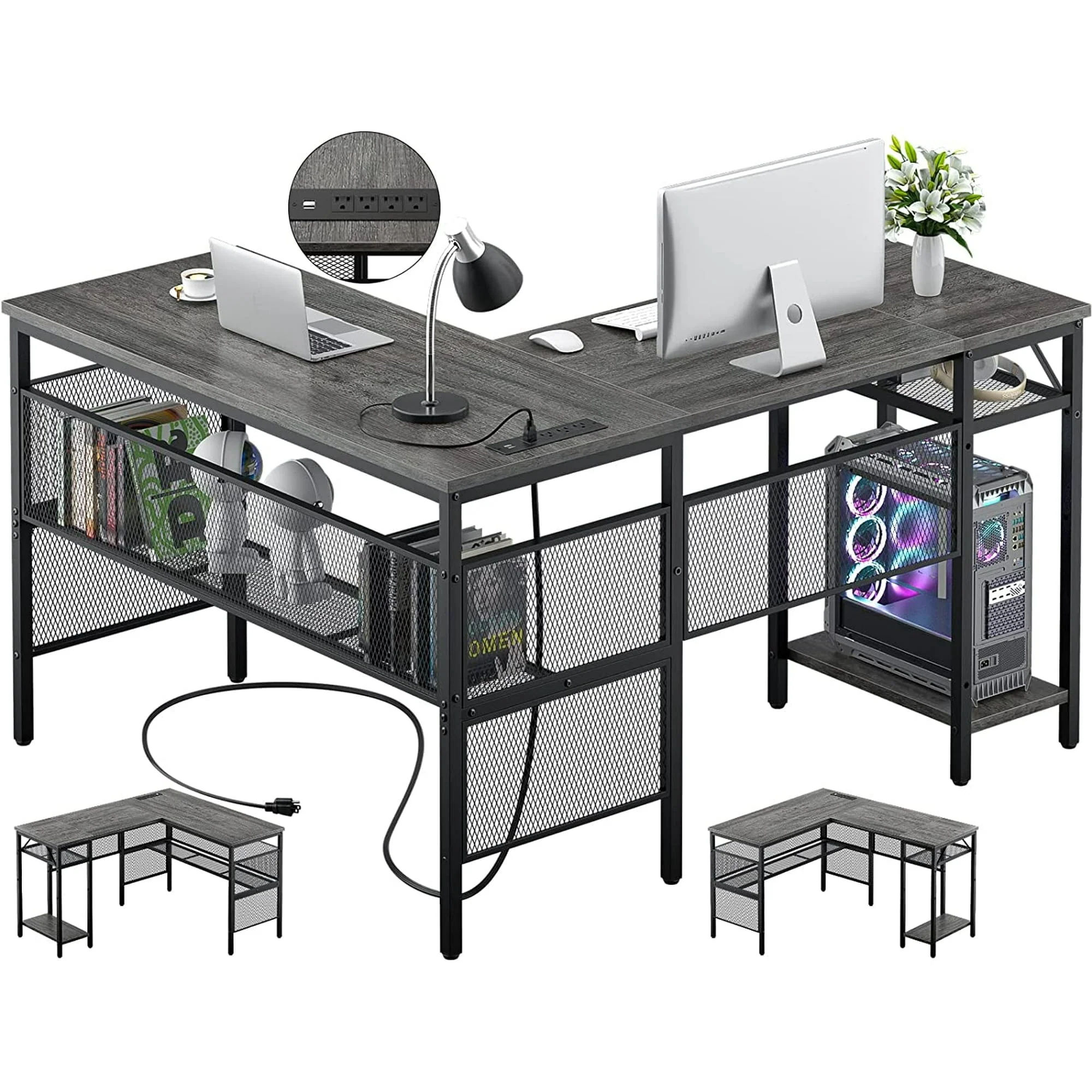 Homieasy L Shaped Desk with Power Outlet and USB Charging Port, Reversible Computer Desk with Storage Shelves, Industrial 2 Person Long Corner Desk Modern Office Desk Writing Desk, Black Oak