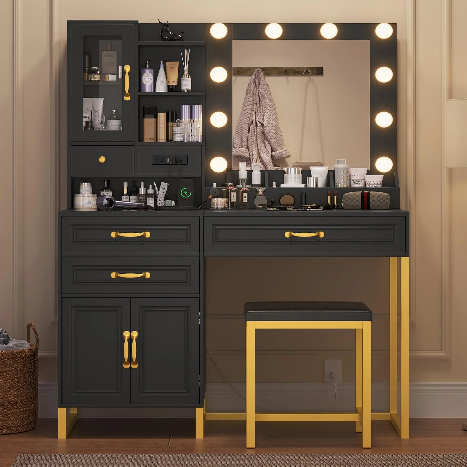 AMUZER Modern Vanity Desk Set with Mirror and Lights & Stool, Makeup Vanity Table with Charging Station, 4 Stoarge Drawers & Double-Door Cabinet, White