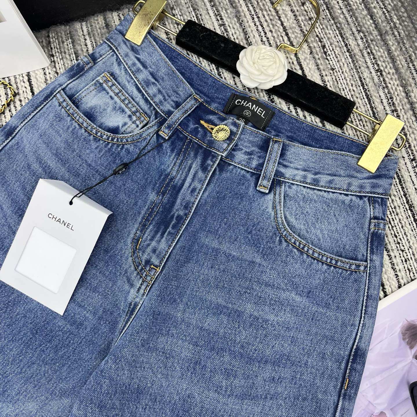 Printed denim straight-leg pants