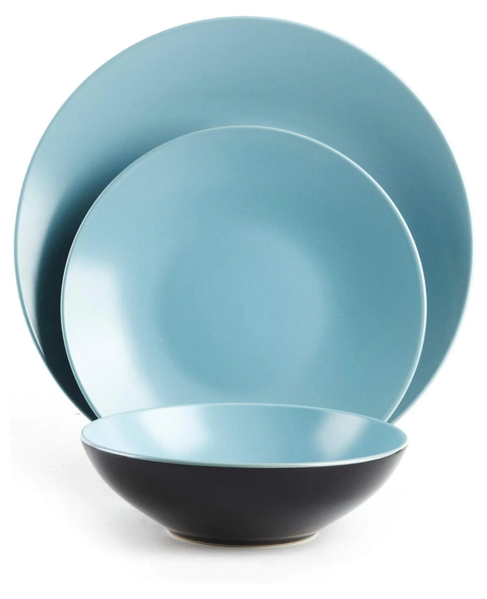 Turquoise Dinnerware Set 18pc - Color Life Stoneware Coupe Dinner Plates & Bowls - Dishwasher & Microwave Safe, Modern Matte & Shiny Black Finish