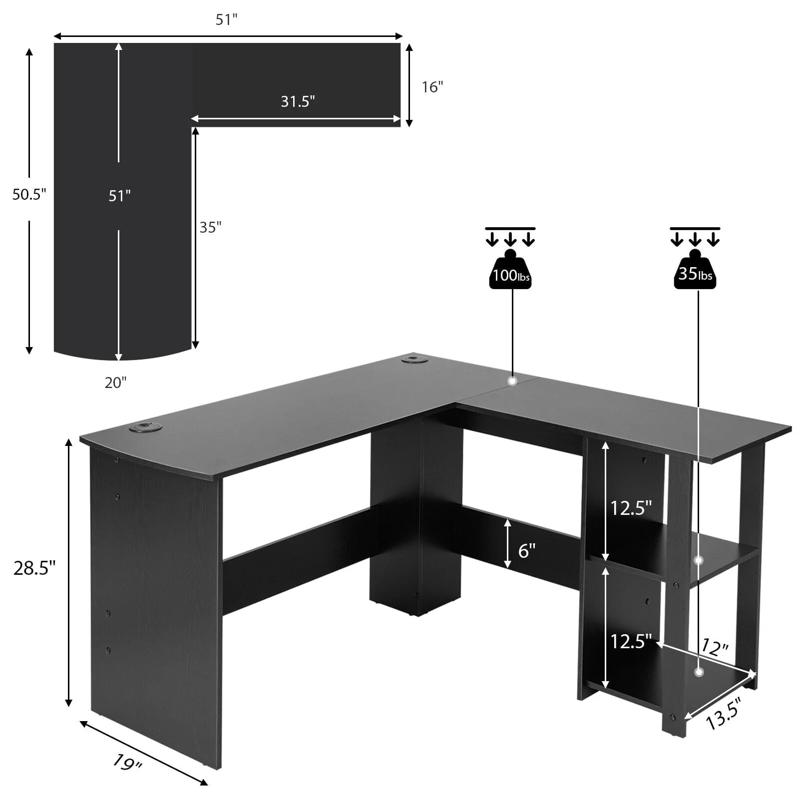 Gymax L-Shaped Office Computer Desk w/ Spacious Desktop & 2-Tier Open Shelves Black