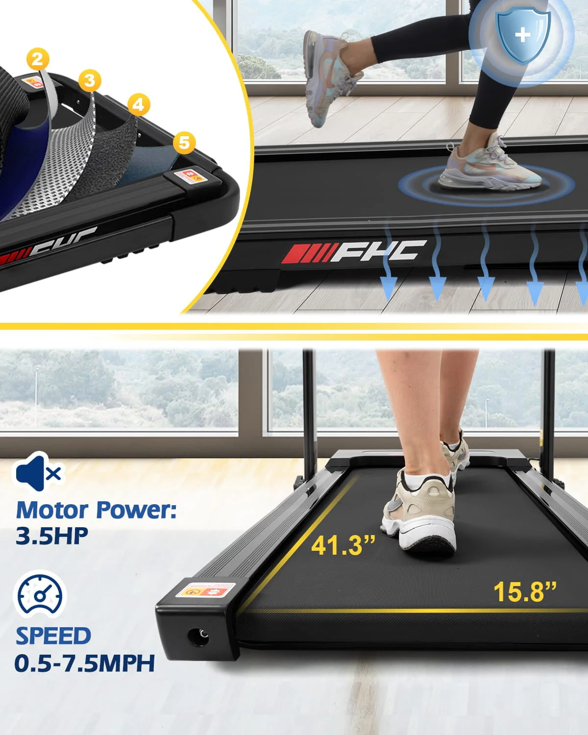 FYC 3.5HP Under Desk Treadmill - 300LBS Weight Capacity, 2-in-1 Foldable Design, Remote Control & LED Display - Compact Electric Walking and Running Machine for Walking, Running, Jogging (Black)