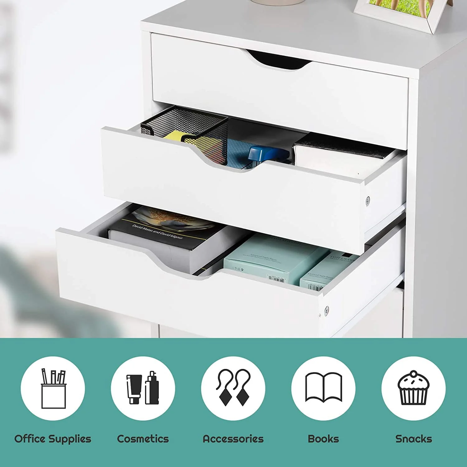 DWVO Wood File Cabinet Rolling Cart 5 Drawer Home Office Storage Organizer White