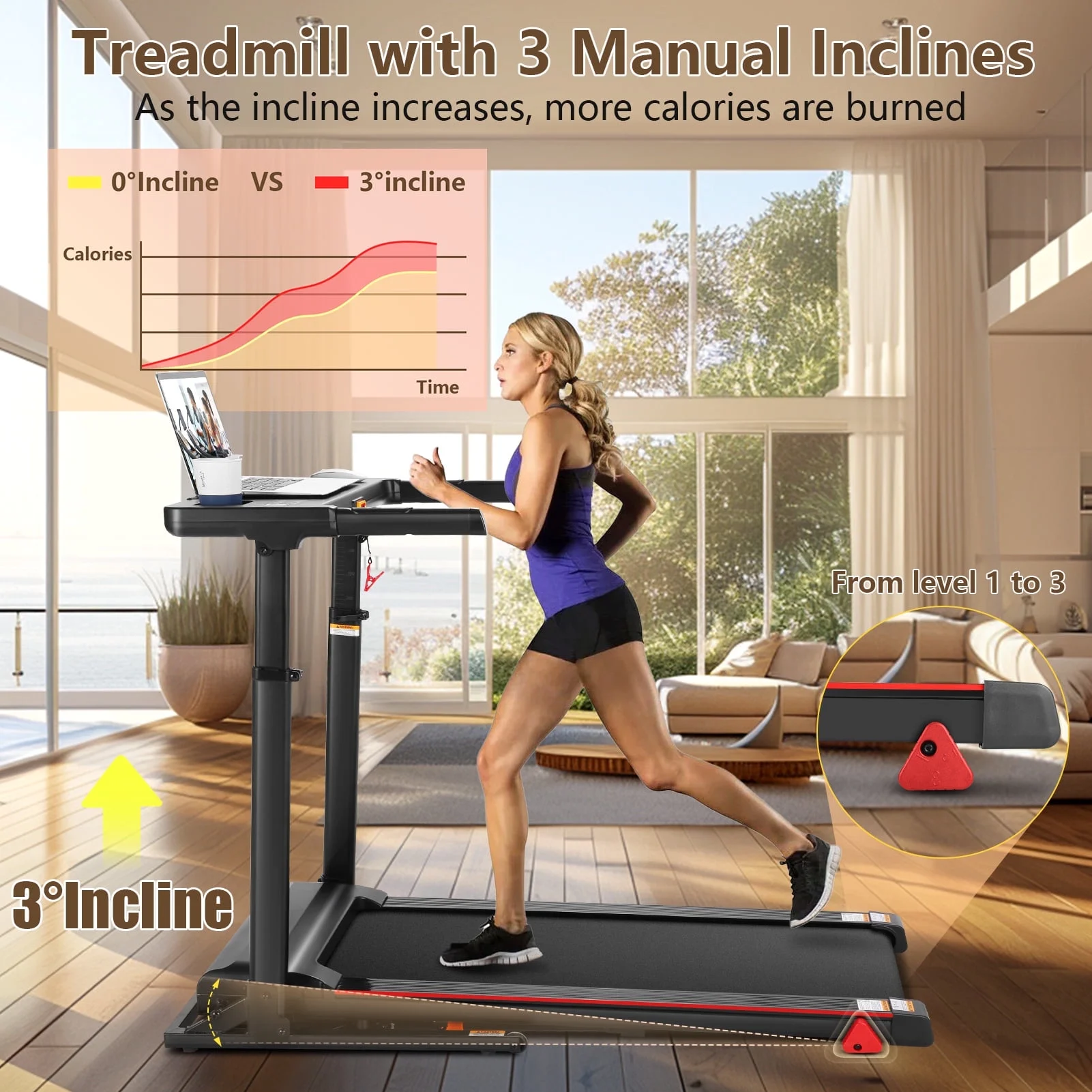 Simpfree Treadmill with Height-Adjustable Desk, 300LBS Folding Treadmill with Incline\App\Bluetooth Speakers\LED Monitor\64 Programs for Home, 0.6-7.5MPH/h