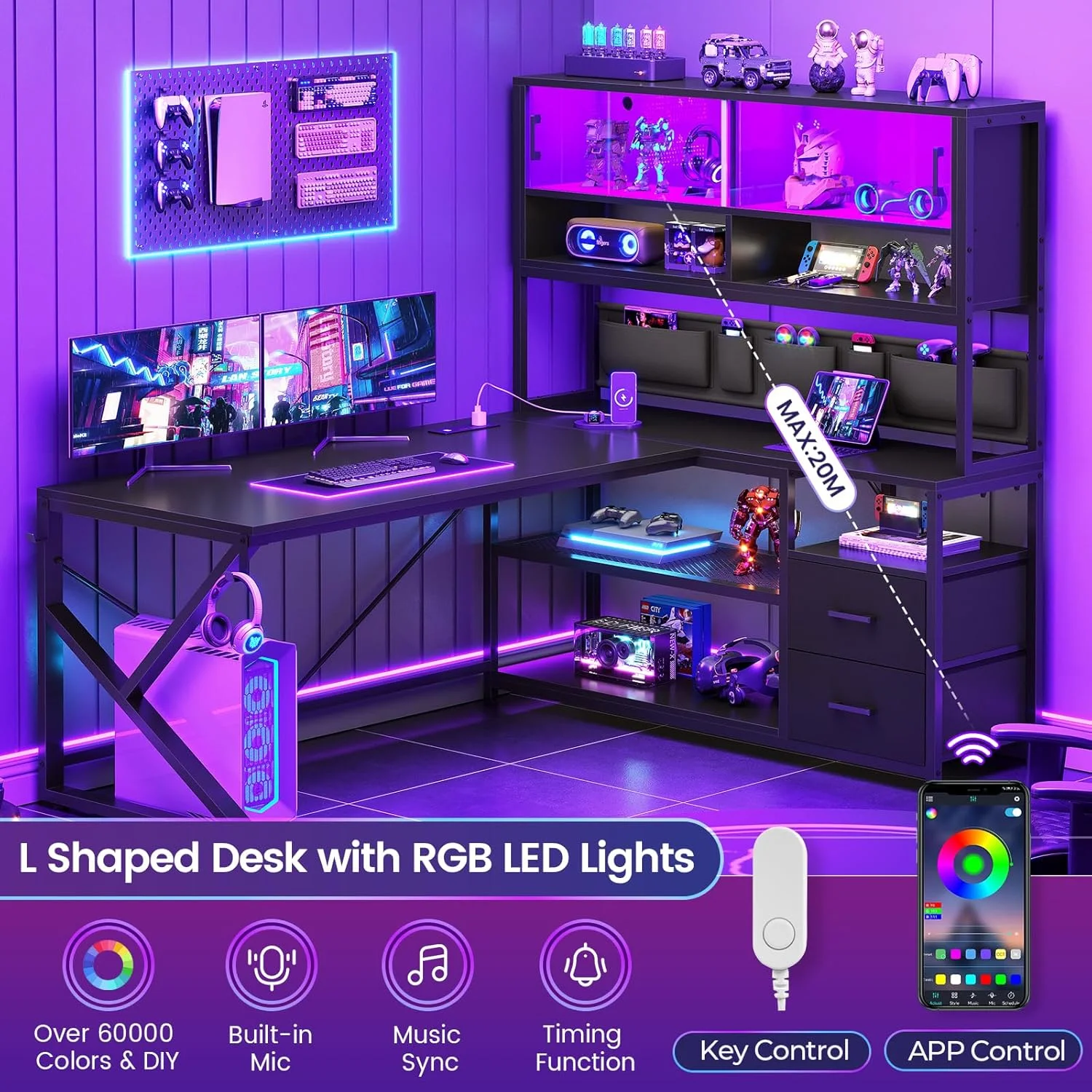 L Shaped Computer Desk with 2 Drawer and Bookshelf, L Shaped Gaming Desk with LED Light, Black