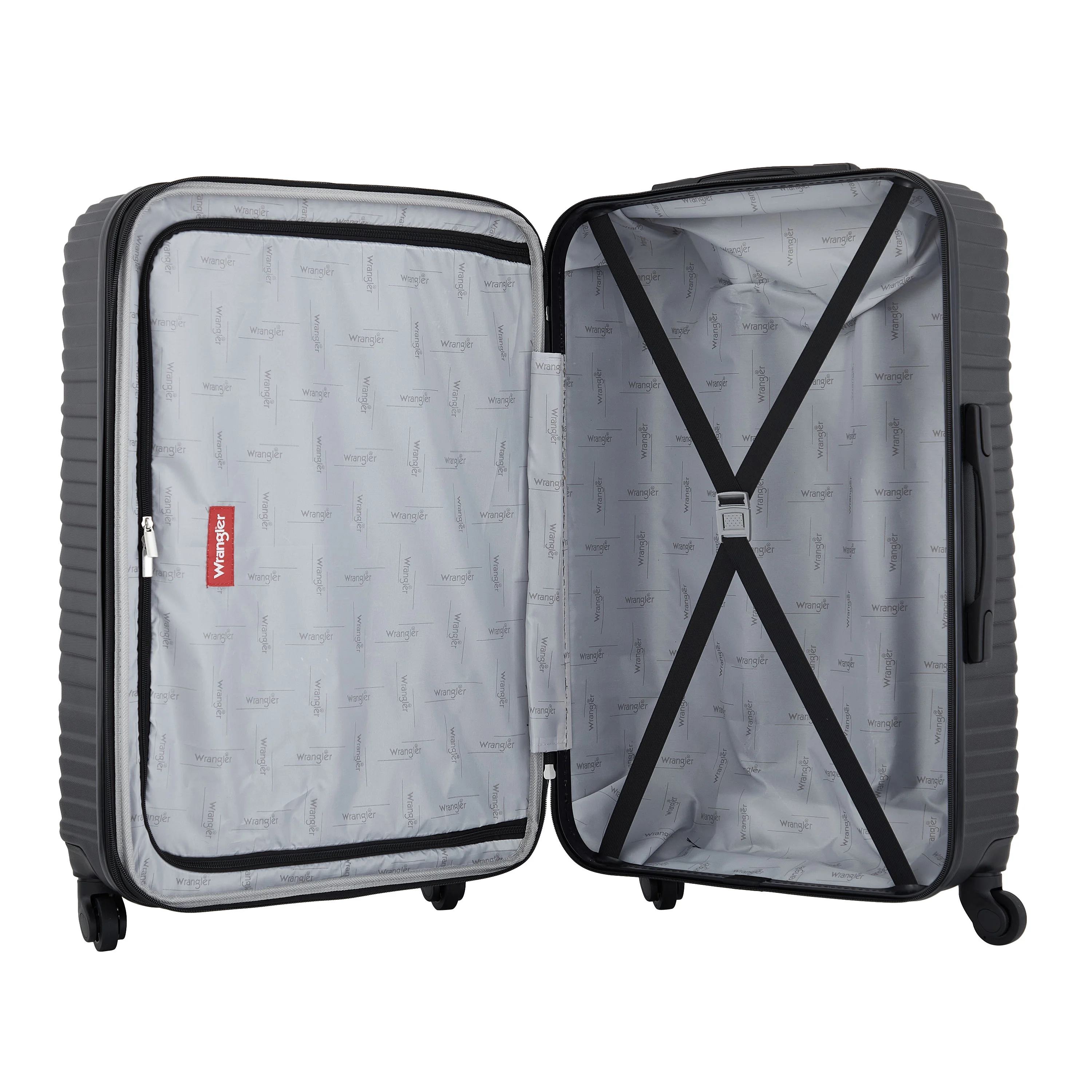Wrangler 4 Piece Expandable Hardside Spinner Luggage Set with Packing Cubes, Sharkskin Grey