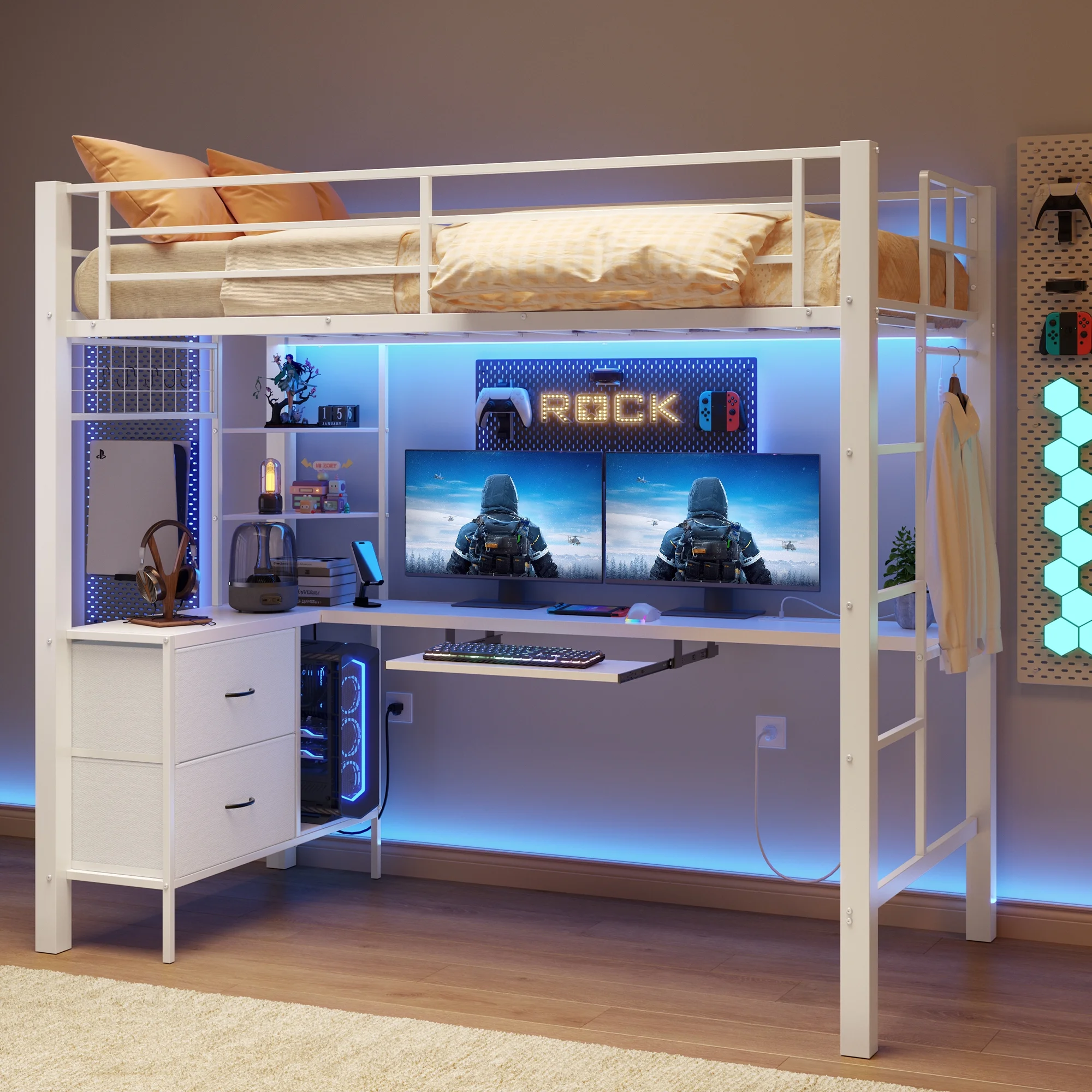 Loft Bed Frame with L-Shaped Writing Desk with Storage Drawers and Shelves, Lofka Twin Metal Bed with LED Lights and Charging Station, Retro Brown Board