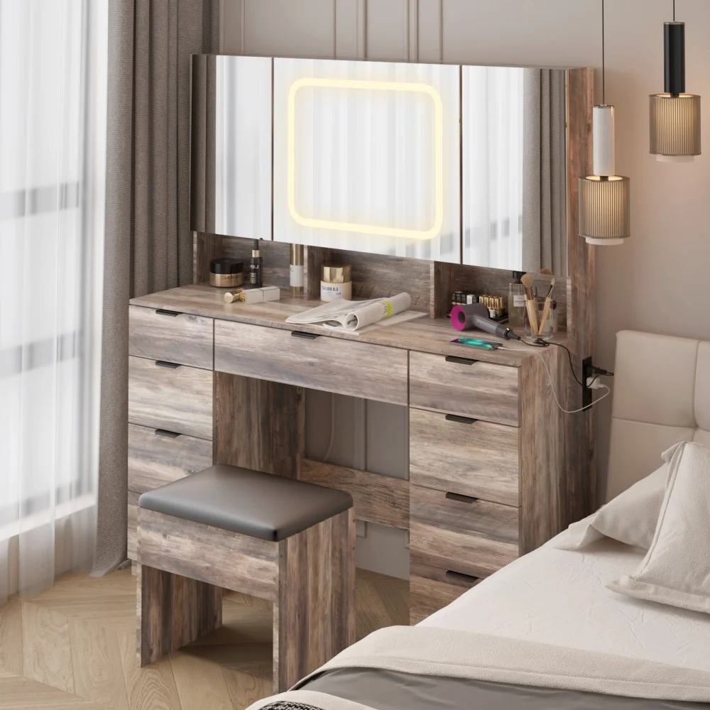 IVV Vanity Desk Set with Large LED Lighted Mirror & Power Outlet, Makeup Dressing Table with 9 Drawers and 3 Cabinets in Mirrored Doors, 47